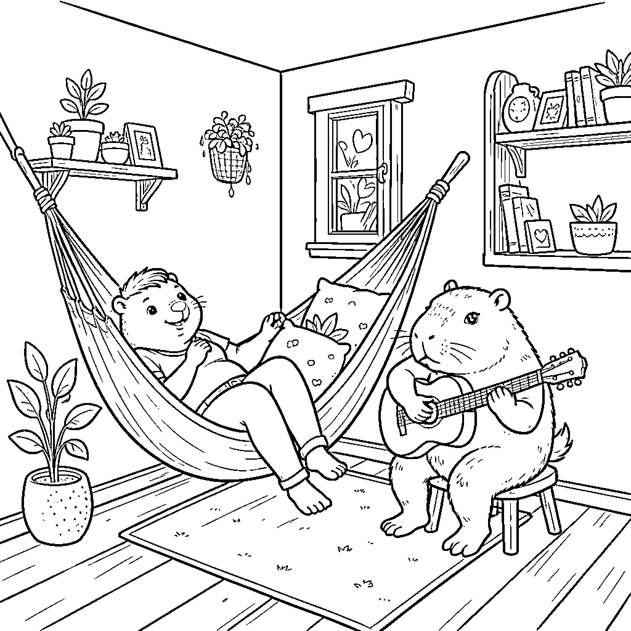 Capybara playing guitar for a friend in a hammock Coloring Page (free black-and-white line drawing printable PDF for all, from beginners to advanced learners, including children, teens, adults, and seniors)
