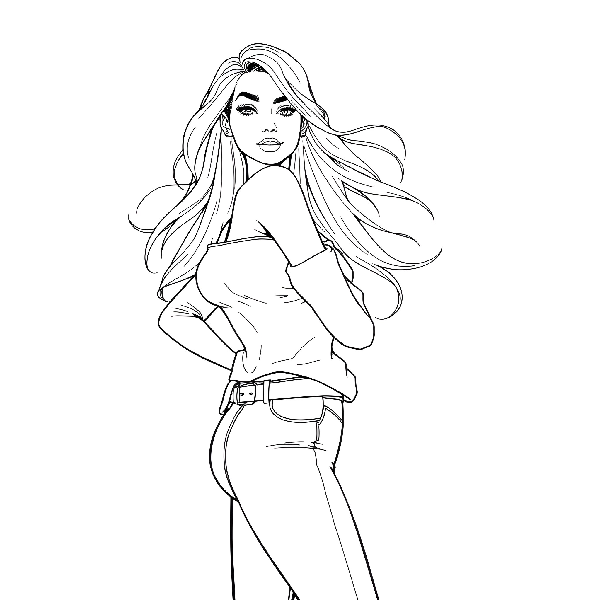 Girl with long flowing hair and casual outfit Coloring Page (free black-and-white line drawing printable PDF for all, from beginners to advanced learners, including children, teens, adults, and seniors)