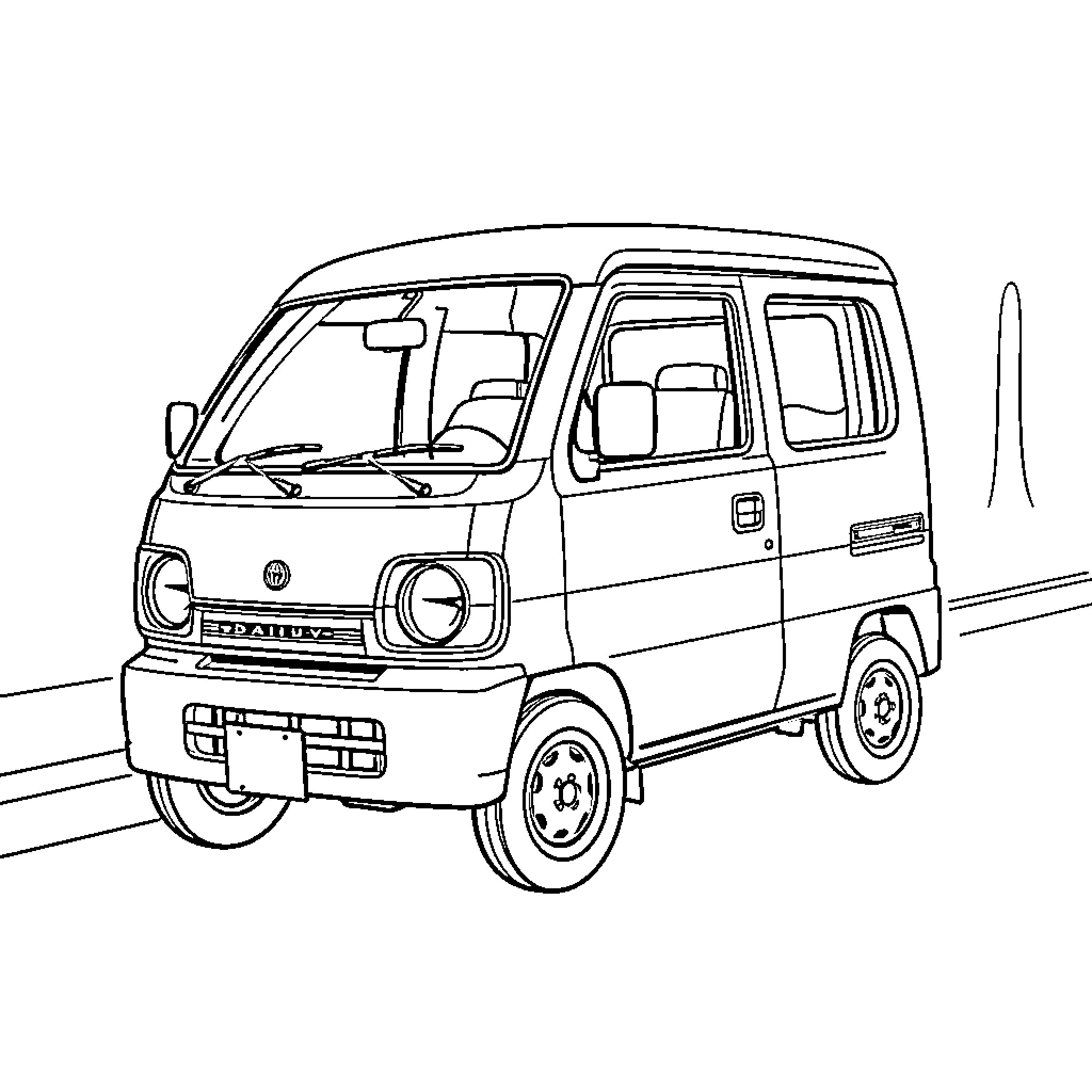 Daihatsu compact van on city street Coloring Page (free black-and-white line drawing printable PDF for all, from beginners to advanced learners, including children, teens, adults, and seniors)