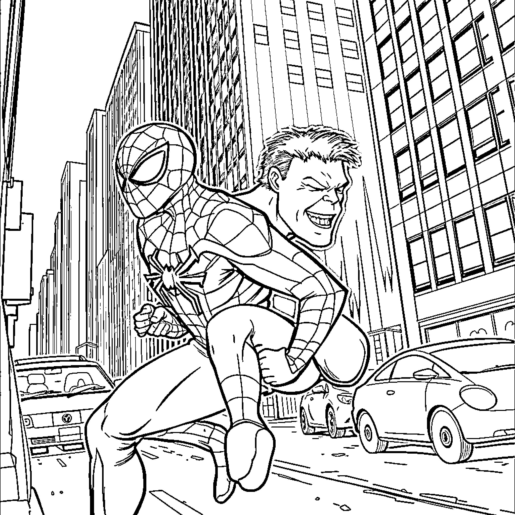 Spiderman swinging through the city streets Coloring Page (free black-and-white line drawing printable PDF for all, from beginners to advanced learners, including children, teens, adults, and seniors)