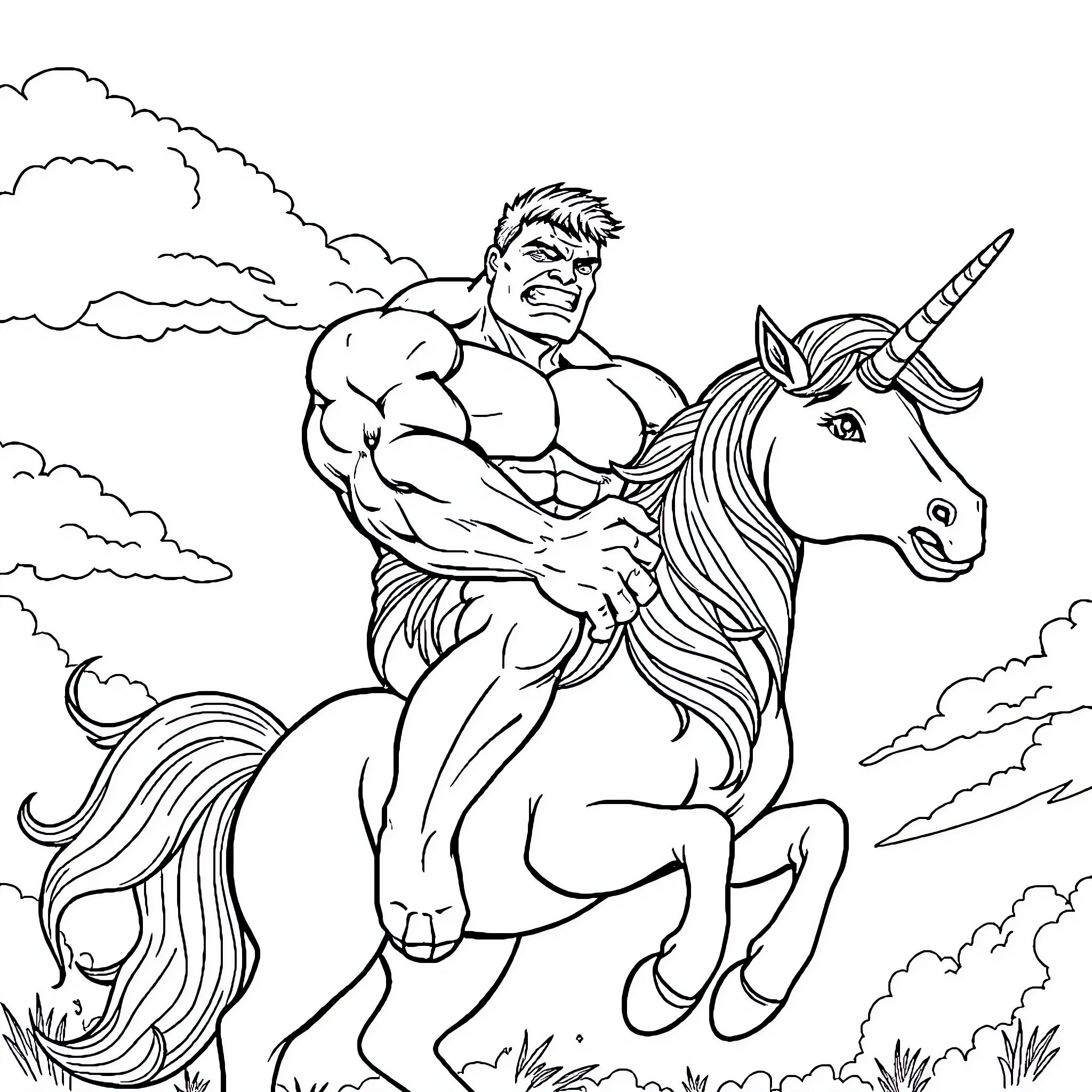 Hulk riding a majestic unicorn in the sky Coloring Page (free black-and-white line drawing printable PDF for all, from beginners to advanced learners, including children, teens, adults, and seniors)