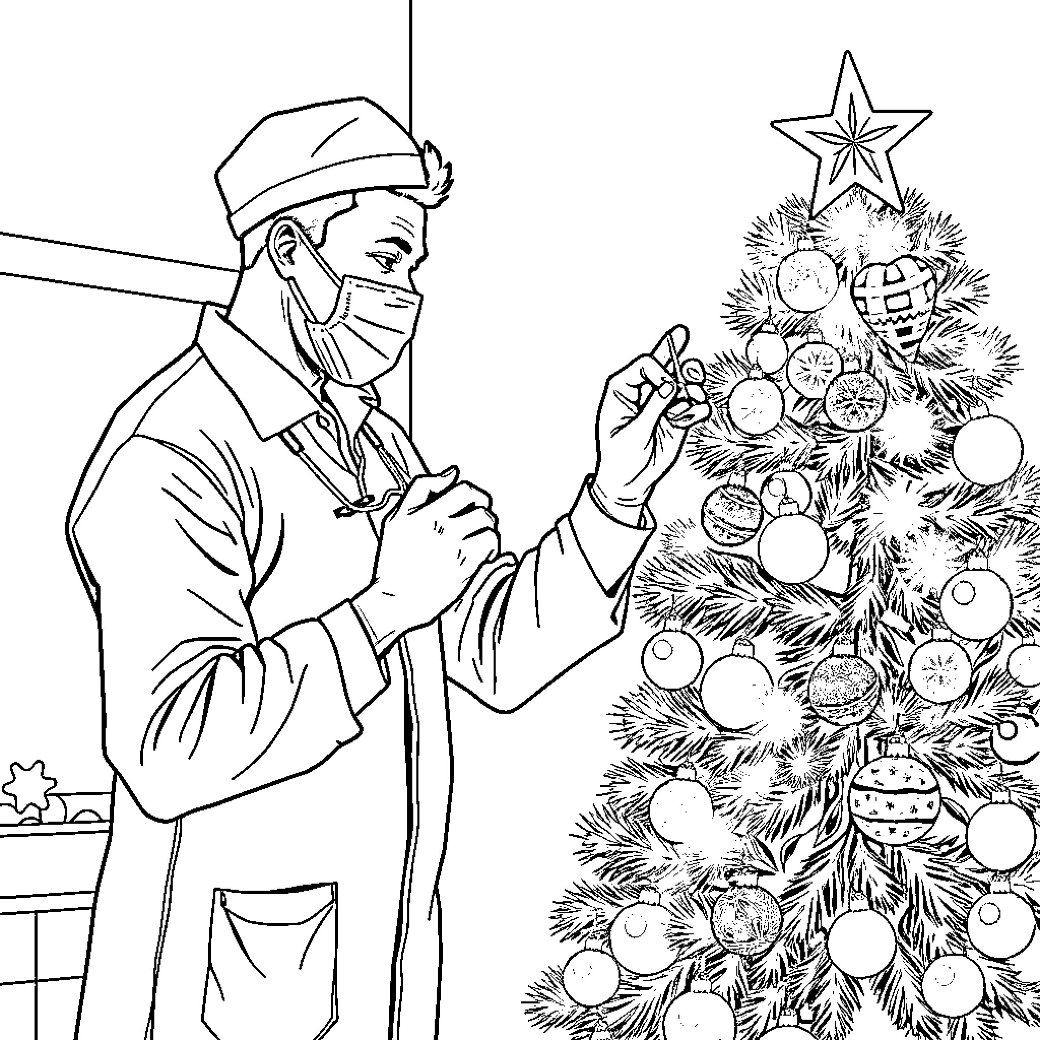 Phlebotomist Decorating Holiday Tree Coloring Page (free black-and-white line drawing printable PDF for all, from beginners to advanced learners, including children, teens, adults, and seniors)