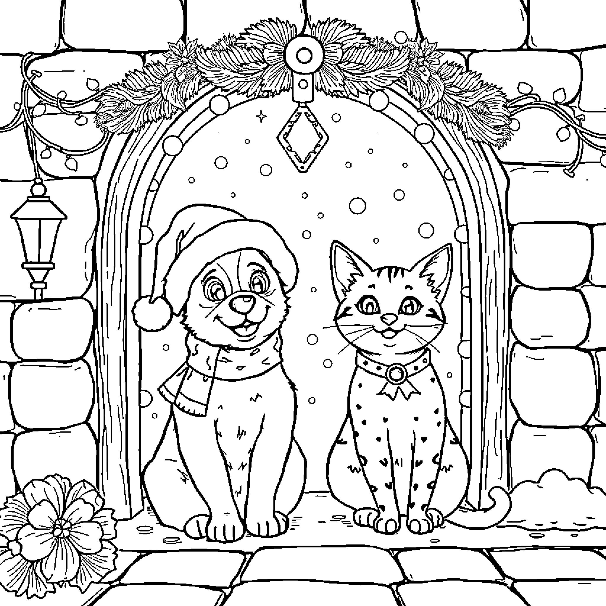 Perro y gato disfrazados en escena invernal Coloring Page (free black-and-white line drawing printable PDF for all, from beginners to advanced learners, including children, teens, adults, and seniors)