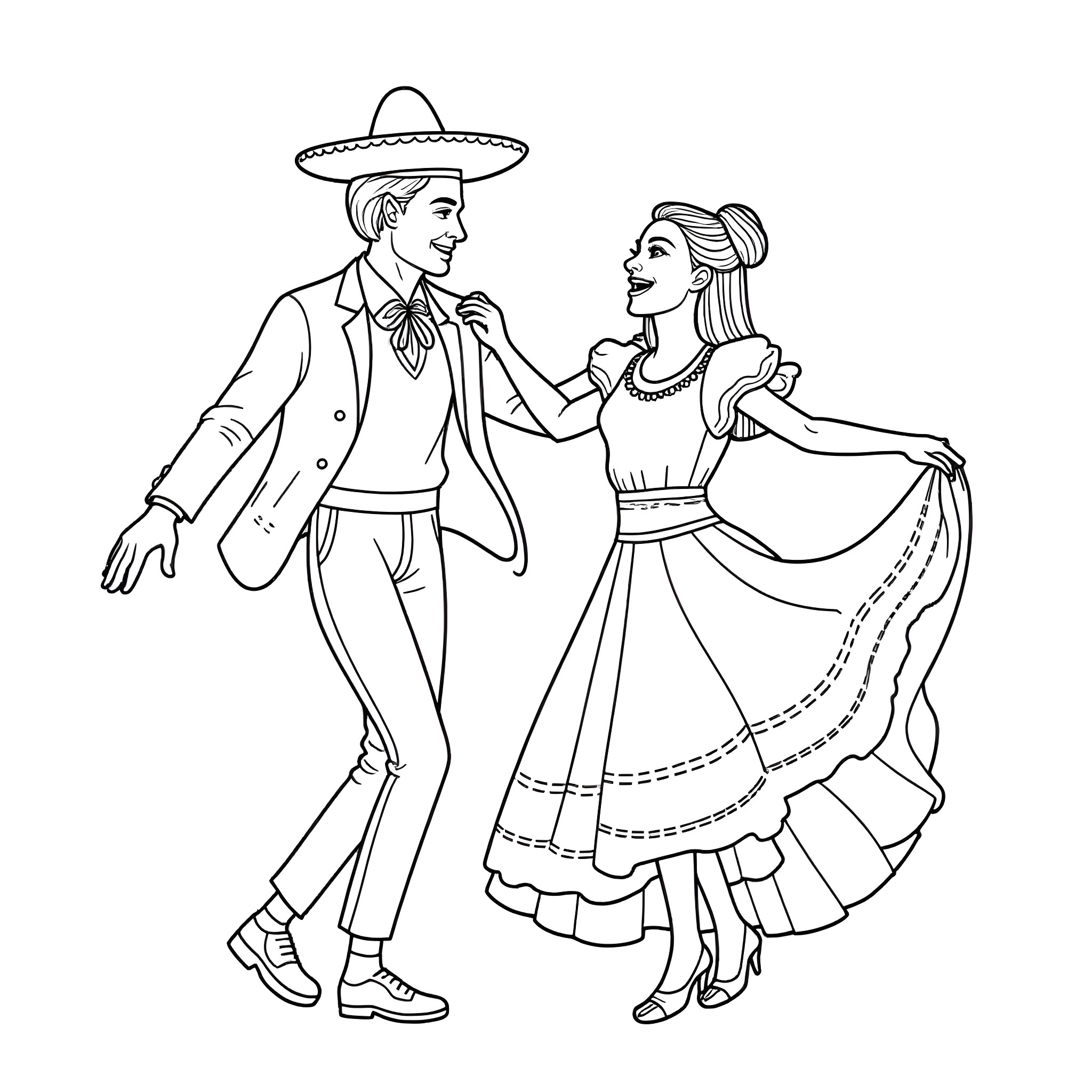 Bermad Cloudio - Couple dancing in traditional Mexican outfits Coloring Page (free black-and-white line drawing printable PDF for all, from beginners to advanced learners, including children, teens, adults, and seniors)