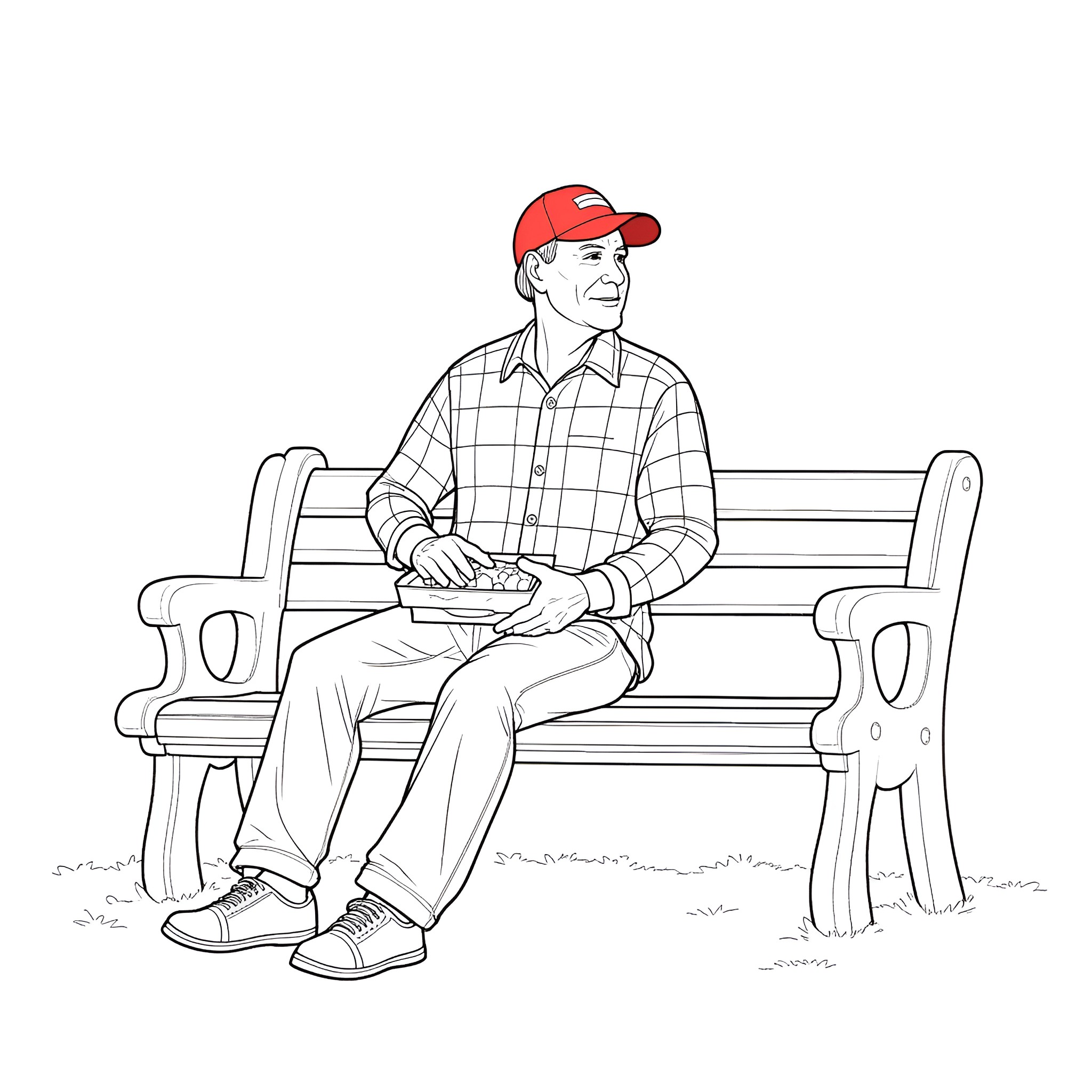 Joe Biden sitting on a bench, wearing a red cap Coloring Page (free black-and-white line drawing printable PDF for all, from beginners to advanced learners, including children, teens, adults, and seniors)