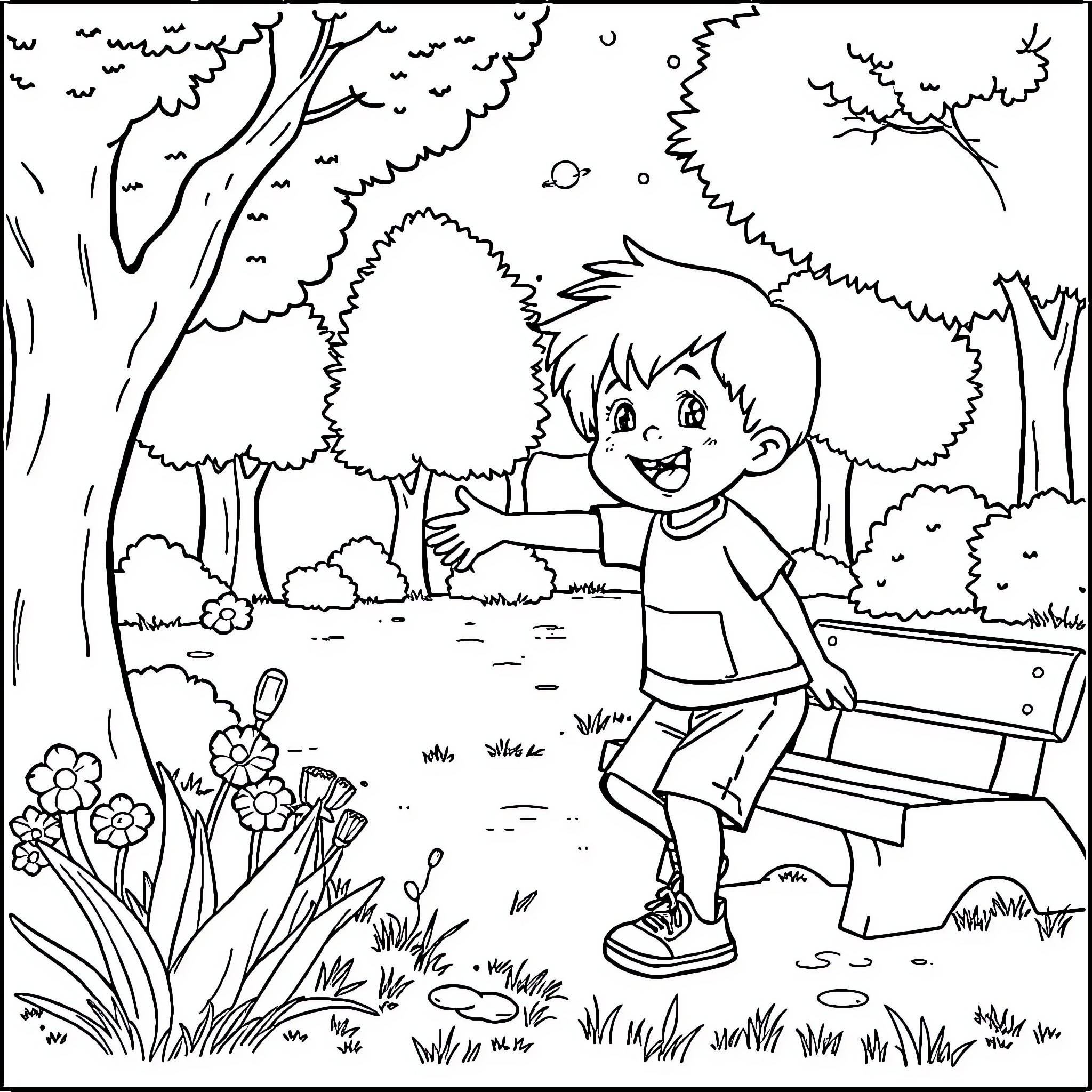 Child playing outdoors in a serene nature scene Coloring Page (free black-and-white line drawing printable PDF for all, from beginners to advanced learners, including children, teens, adults, and seniors)