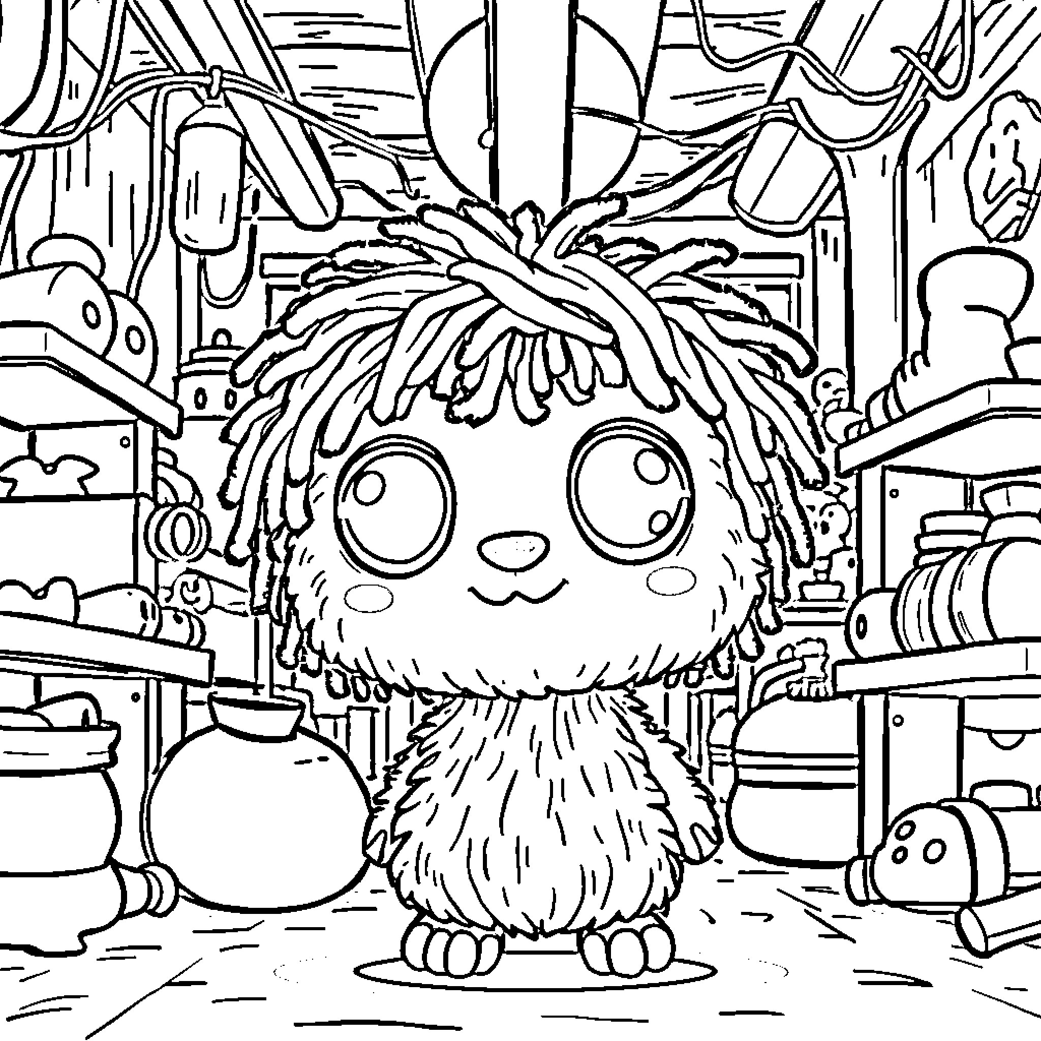 Yarnabi's Cozy Nook: A Furry Friend's Playful Discovery Coloring Page (free black-and-white line drawing printable PDF for all, from beginners to advanced learners, including children, teens, adults, and seniors)