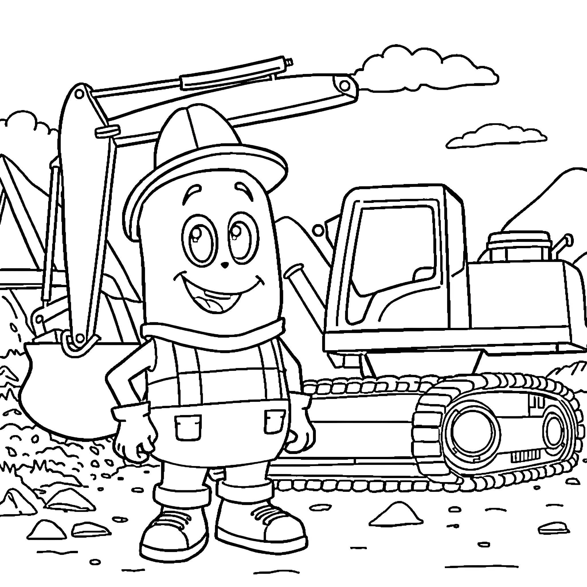 Blippi Exploring the Construction Site Coloring Page (free black-and-white line drawing printable PDF for all, from beginners to advanced learners, including children, teens, adults, and seniors)