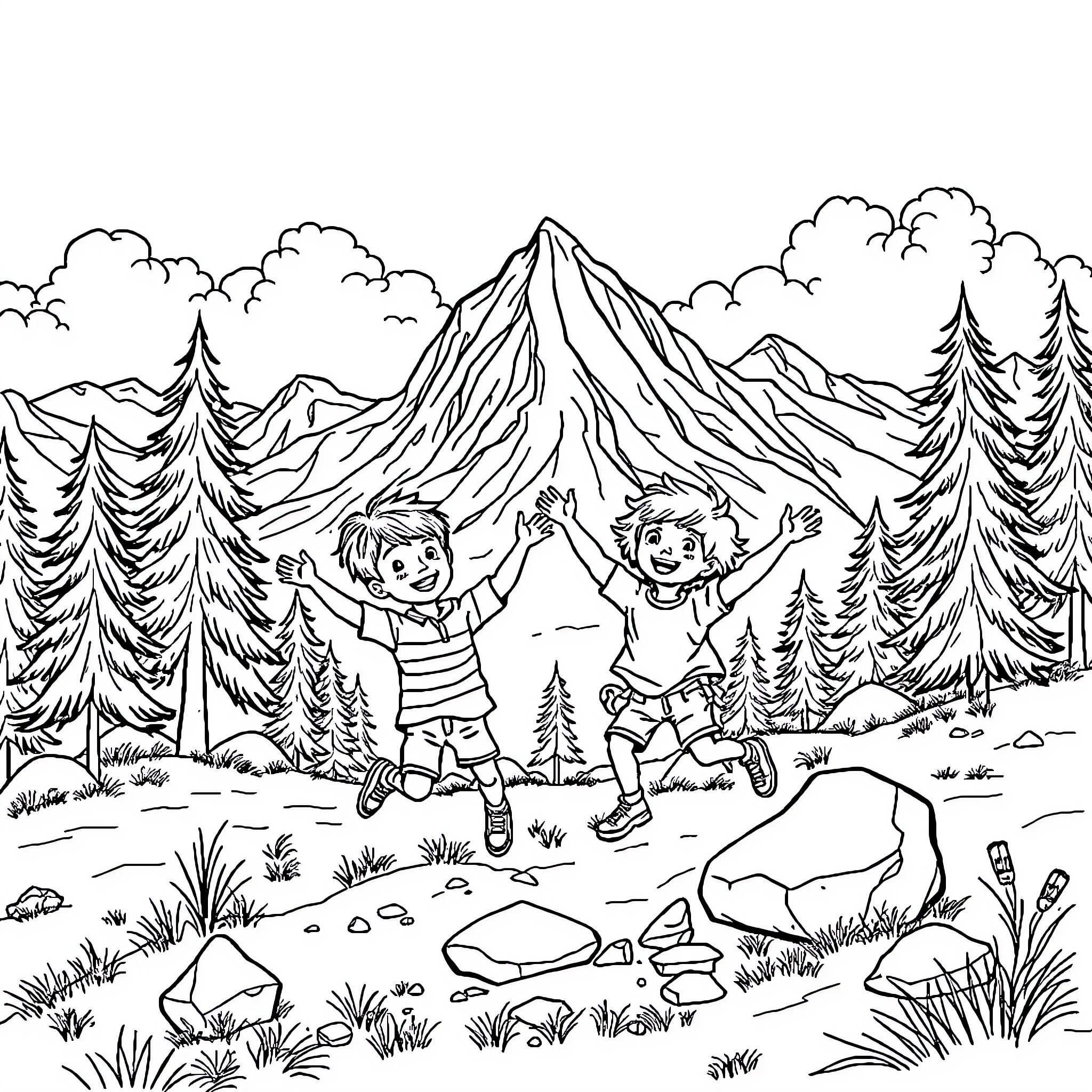 Children playing joyfully in the mountains Coloring Page (free black-and-white line drawing printable PDF for all, from beginners to advanced learners, including children, teens, adults, and seniors)