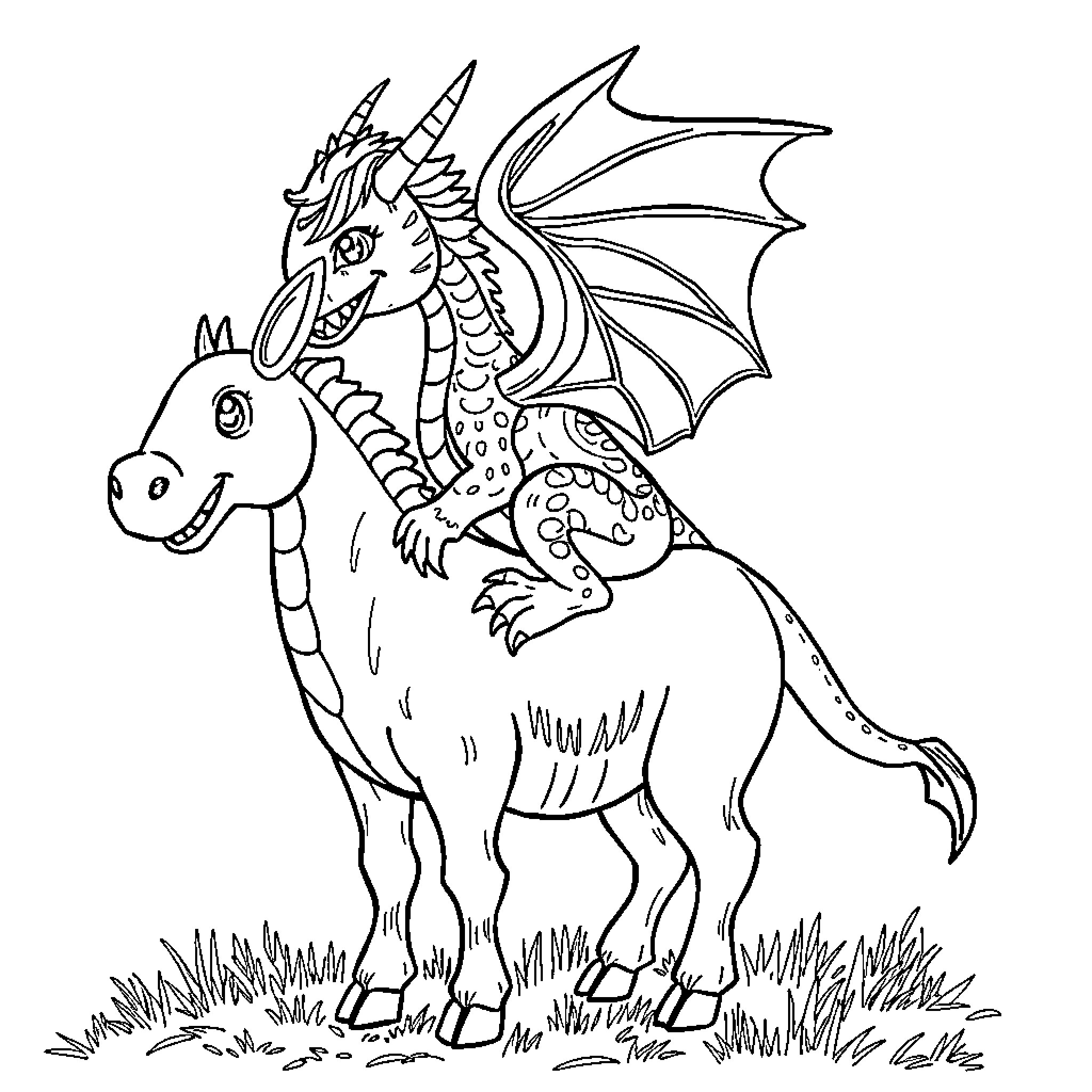 Dragon riding a magical horse in a field Coloring Page (free black-and-white line drawing printable PDF for all, from beginners to advanced learners, including children, teens, adults, and seniors)