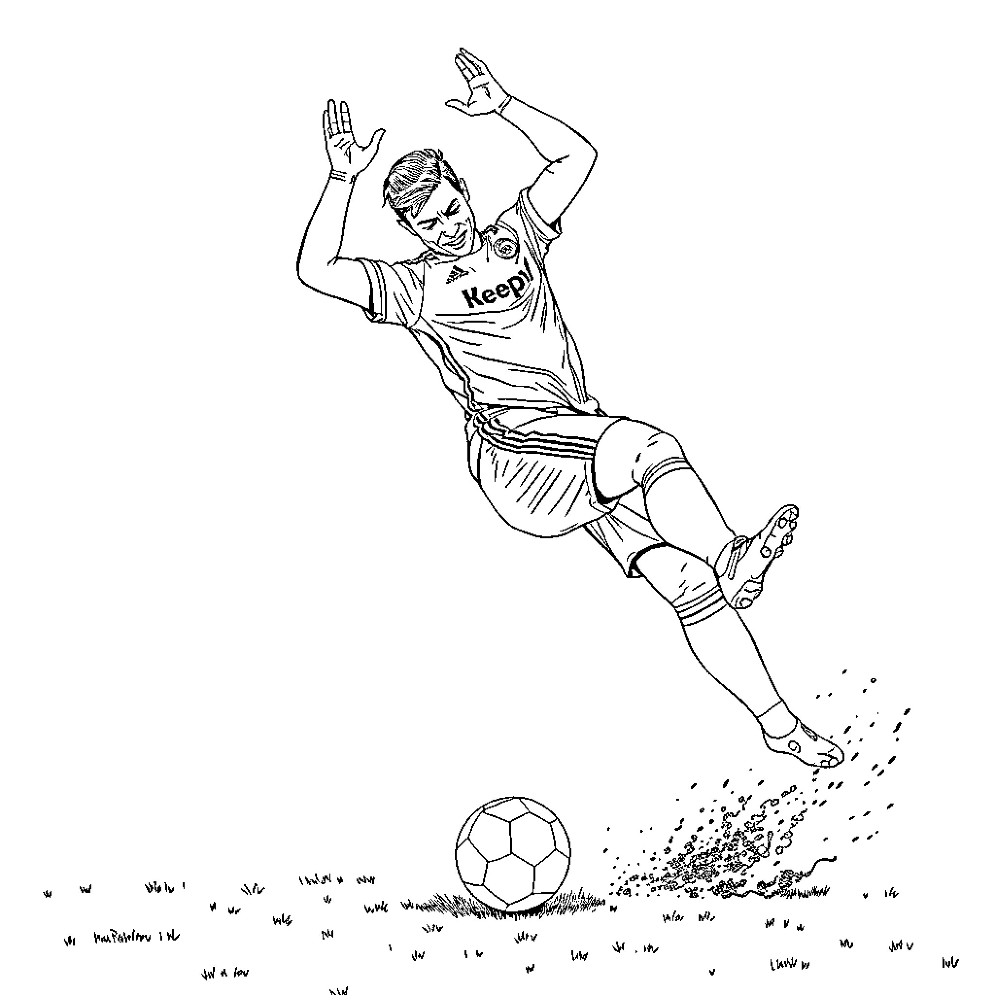 Cristiano Ronaldo Celebrating Impressive Goal Kick Coloring Page (free black-and-white line drawing printable PDF for all, from beginners to advanced learners, including children, teens, adults, and seniors)