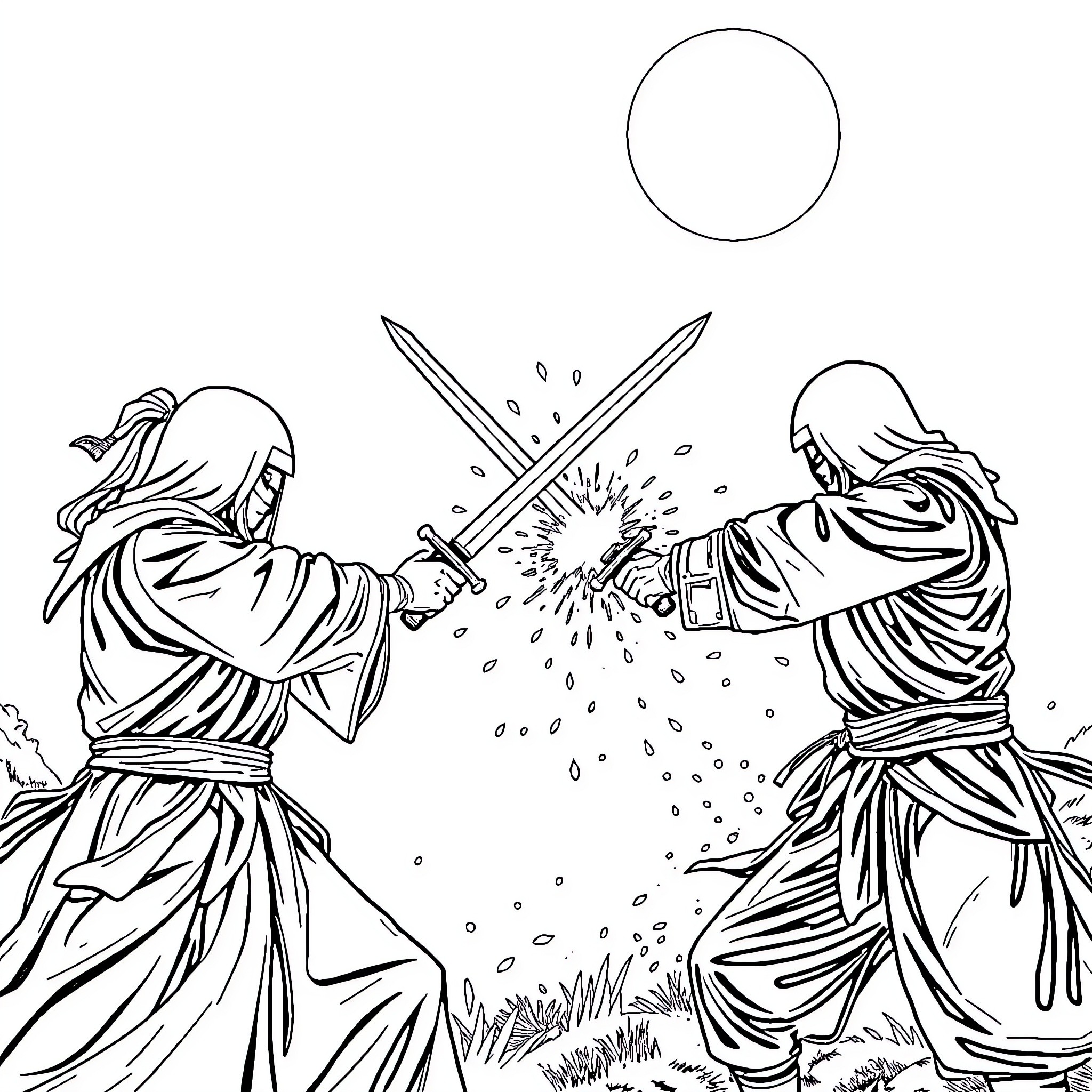 Person fighting with swords in battle Coloring Page (free black-and-white line drawing printable PDF for all, from beginners to advanced learners, including children, teens, adults, and seniors)