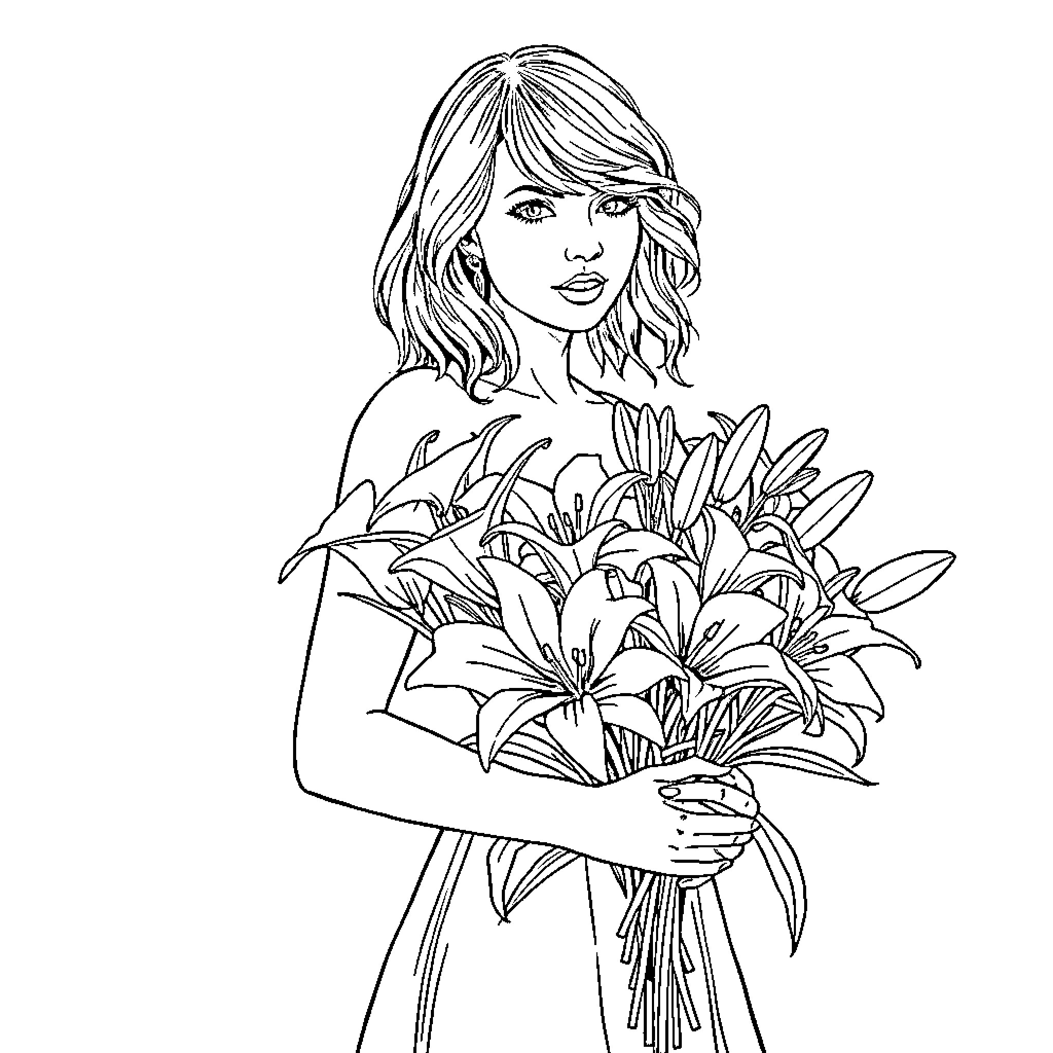 Taylor Swift holding a bouquet of flowers Coloring Page (free black-and-white line drawing printable PDF for all, from beginners to advanced learners, including children, teens, adults, and seniors)