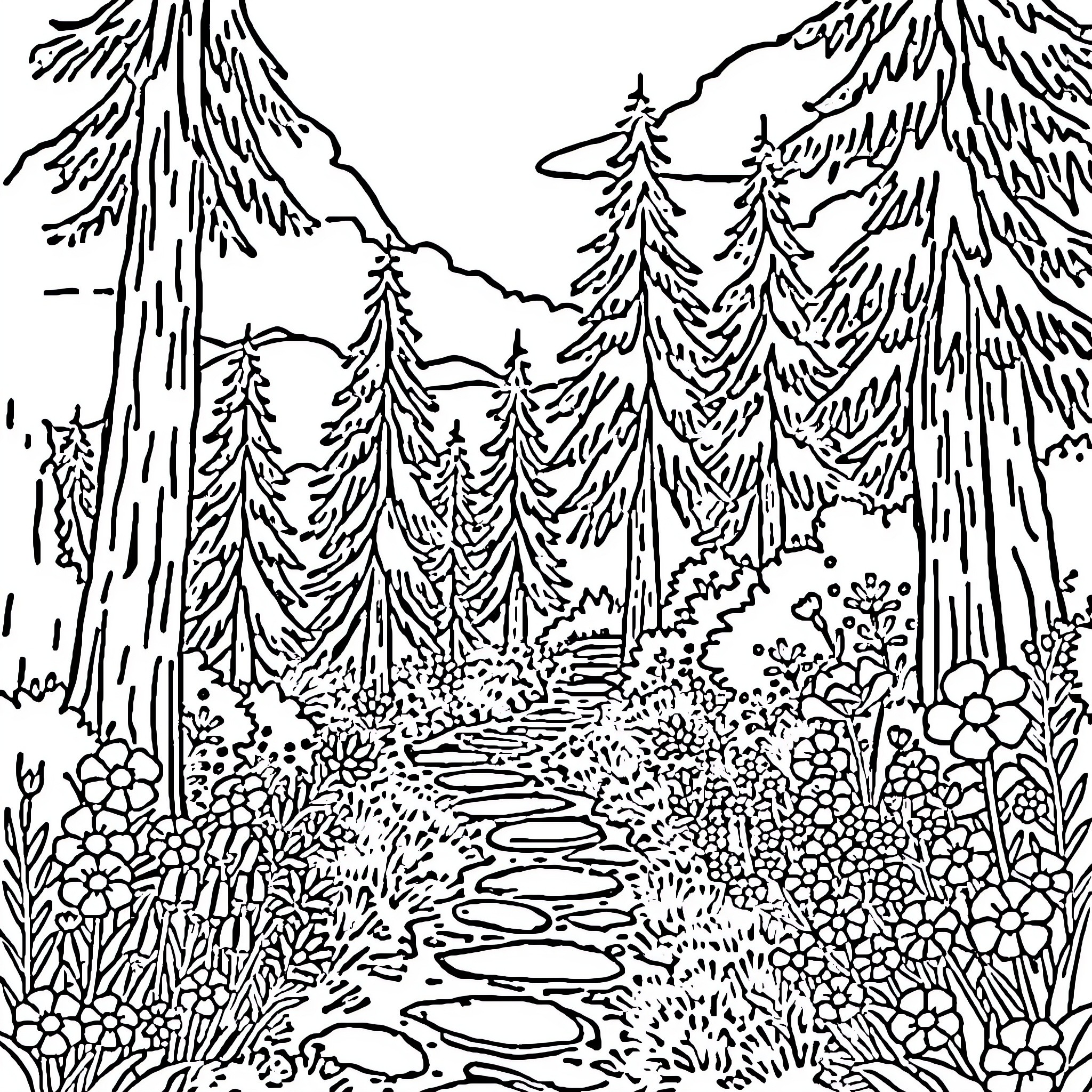 Hiking Trail Through Lush Woodland Scenery Coloring Page (free black-and-white line drawing printable PDF for all, from beginners to advanced learners, including children, teens, adults, and seniors)