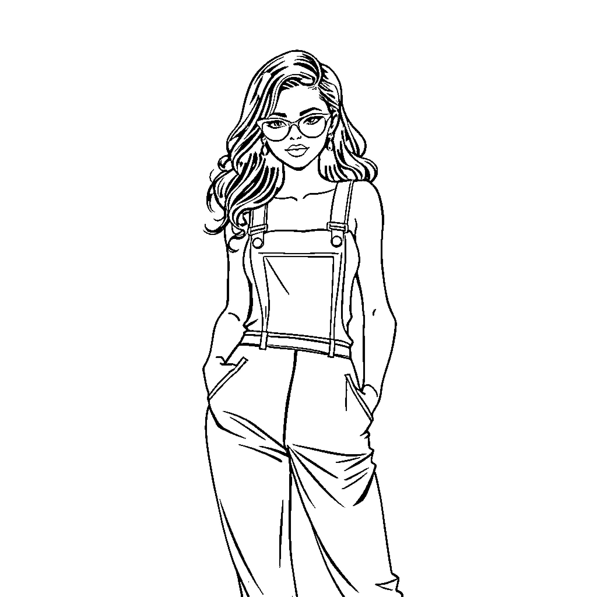Gossip Girl in Stylish Overalls and Glasses Coloring Page (free black-and-white line drawing printable PDF for all, from beginners to advanced learners, including children, teens, adults, and seniors)