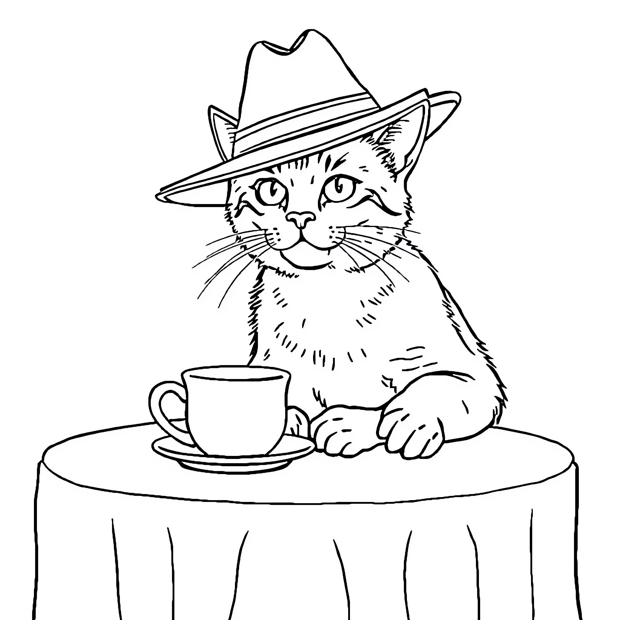Cat enjoying a cup of coffee in a hat Coloring Page (free black-and-white line drawing printable PDF for all, from beginners to advanced learners, including children, teens, adults, and seniors)