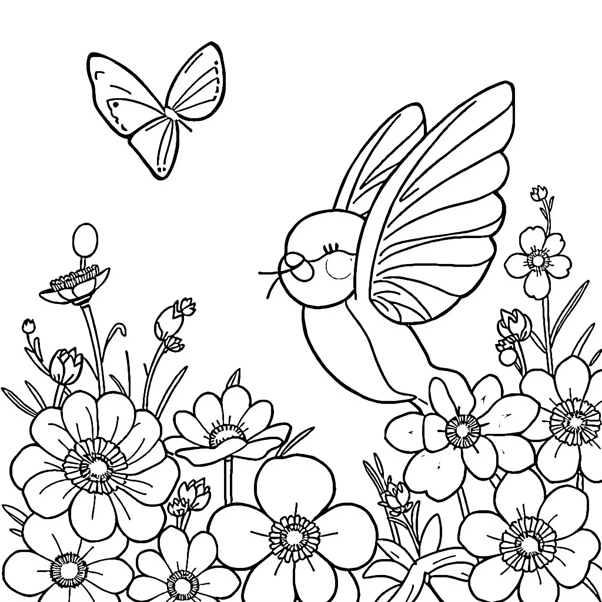 Bluey exploring a blooming floral garden Coloring Page (free black-and-white line drawing printable PDF for all, from beginners to advanced learners, including children, teens, adults, and seniors)
