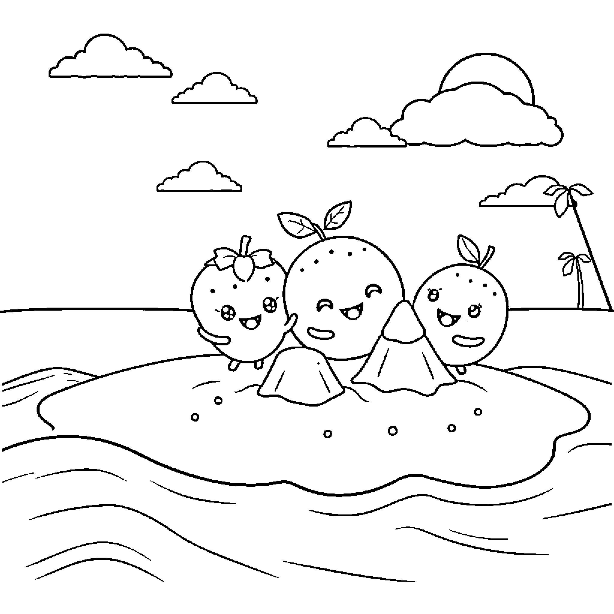 Fruit friends enjoying a tropical beach day Coloring Page (free black-and-white line drawing printable PDF for all, from beginners to advanced learners, including children, teens, adults, and seniors)