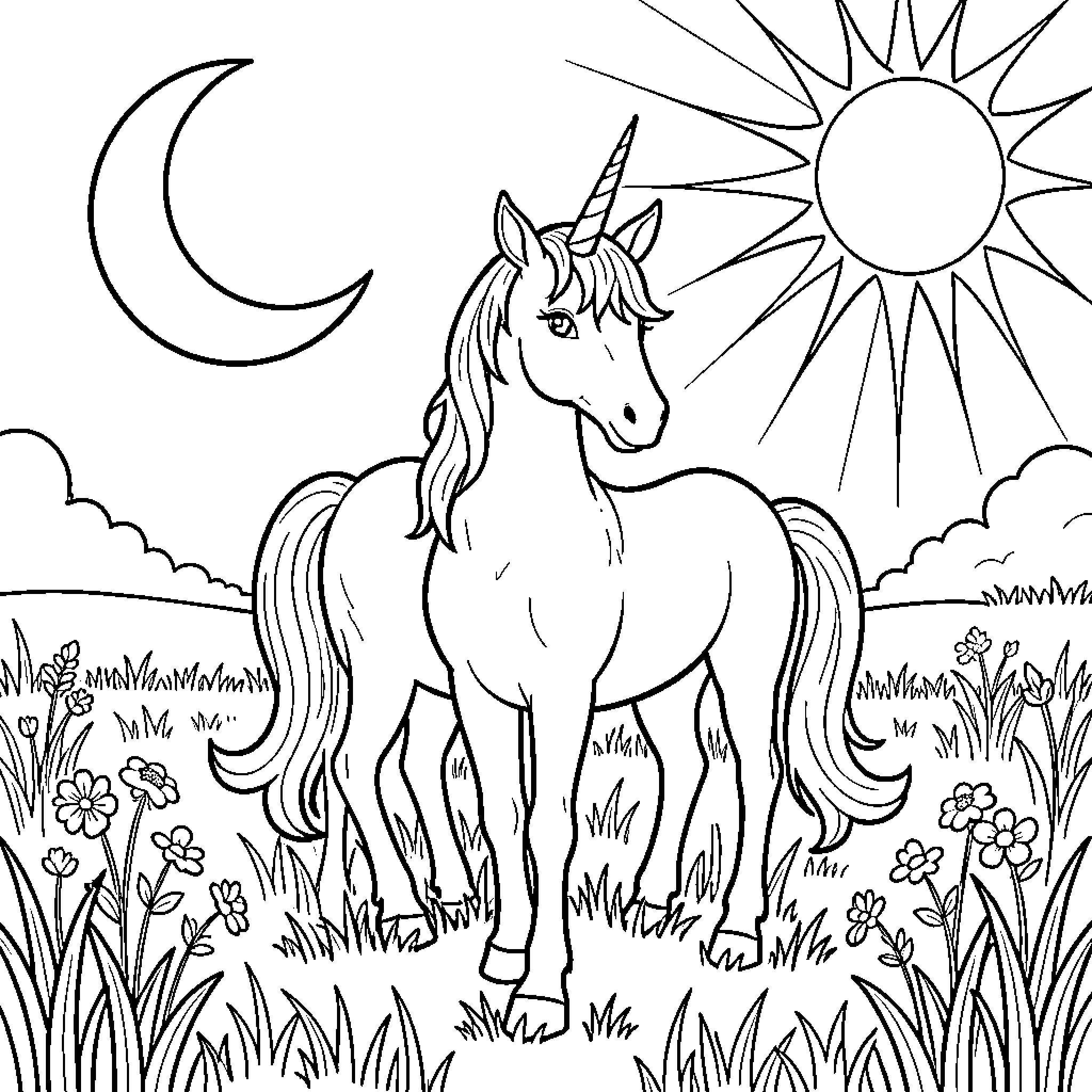 Licorne standing peacefully in a field under sun and moon Coloring Page (free black-and-white line drawing printable PDF for all, from beginners to advanced learners, including children, teens, adults, and seniors)