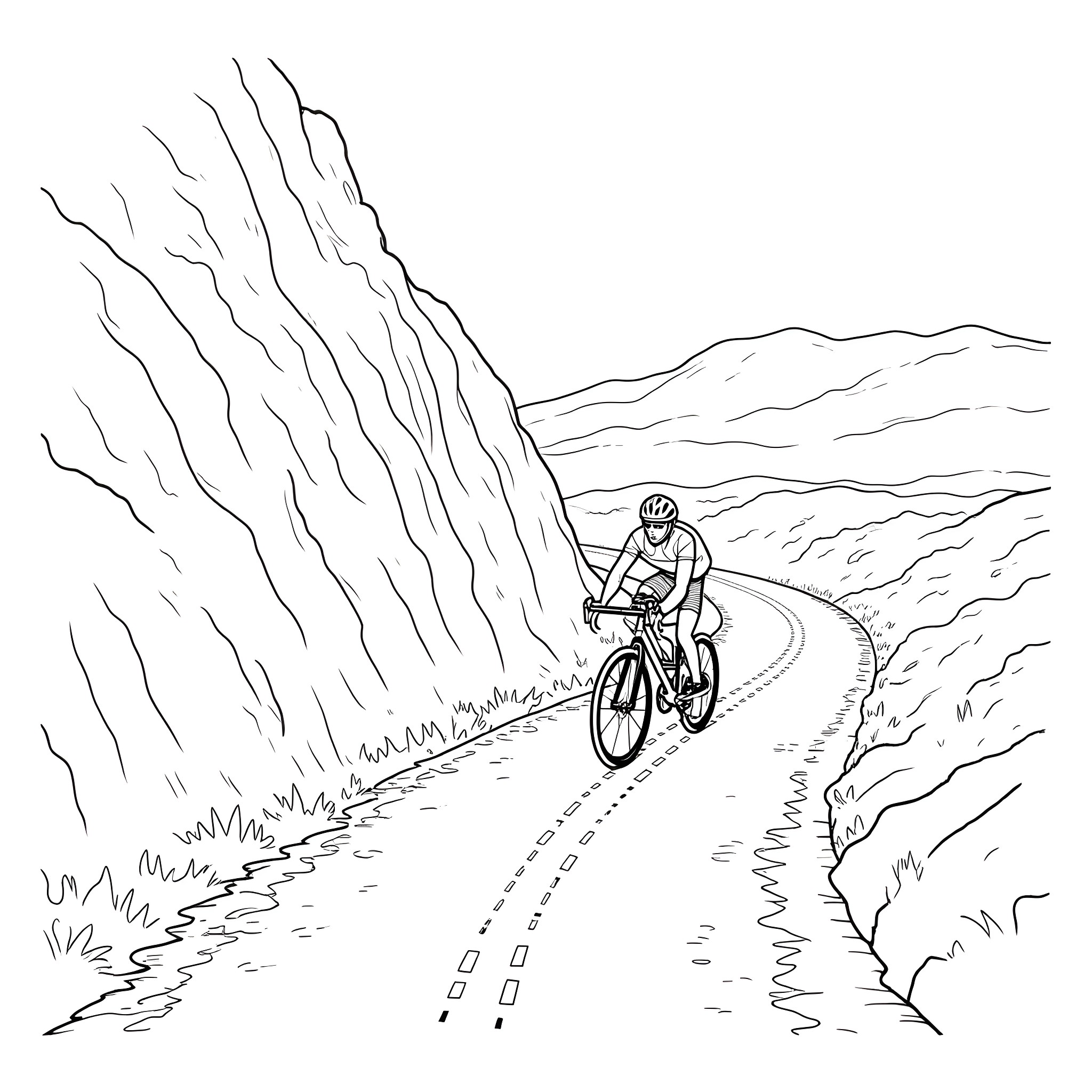 Bike Rider Navigating Winding Mountain Road Coloring Page (free black-and-white line drawing printable PDF for all, from beginners to advanced learners, including children, teens, adults, and seniors)