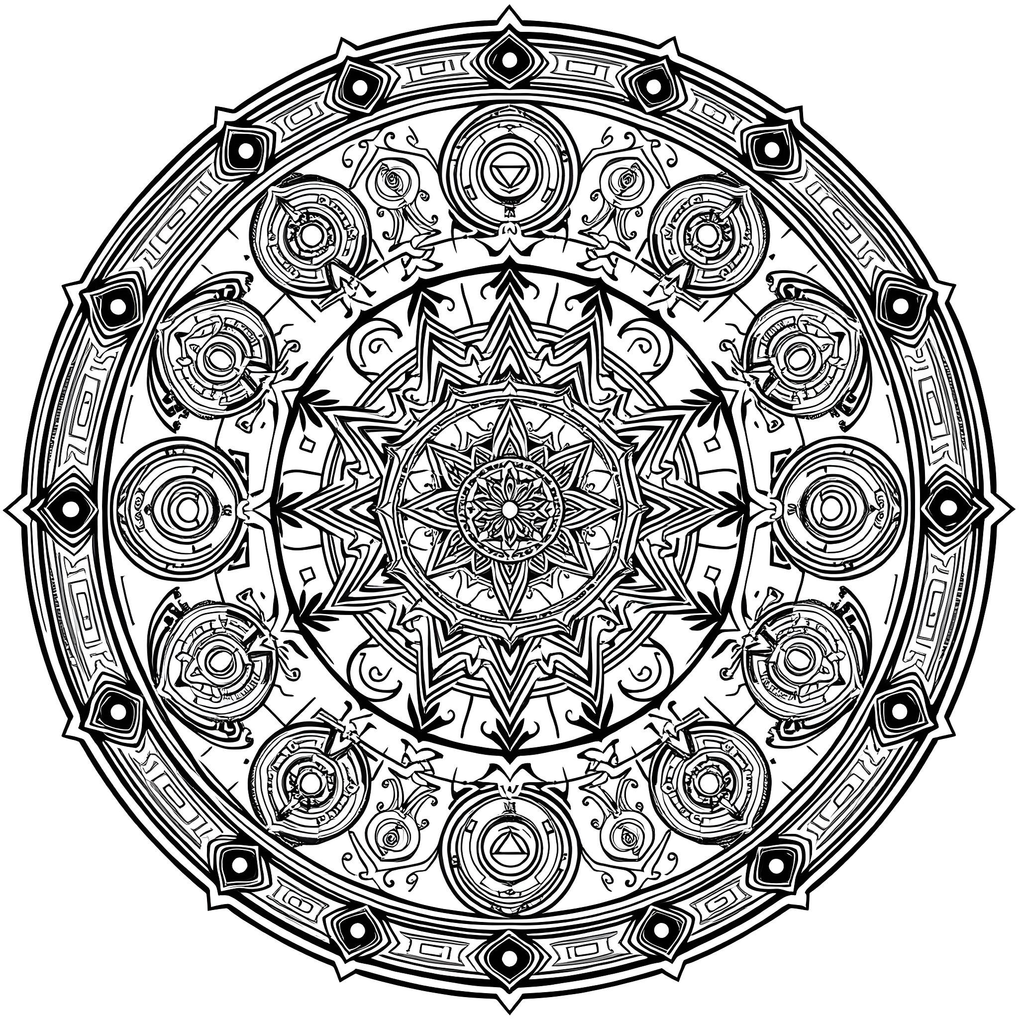 Mandala of intricate geometric patterns and shapes Coloring Page (free black-and-white line drawing printable PDF for all, from beginners to advanced learners, including children, teens, adults, and seniors)