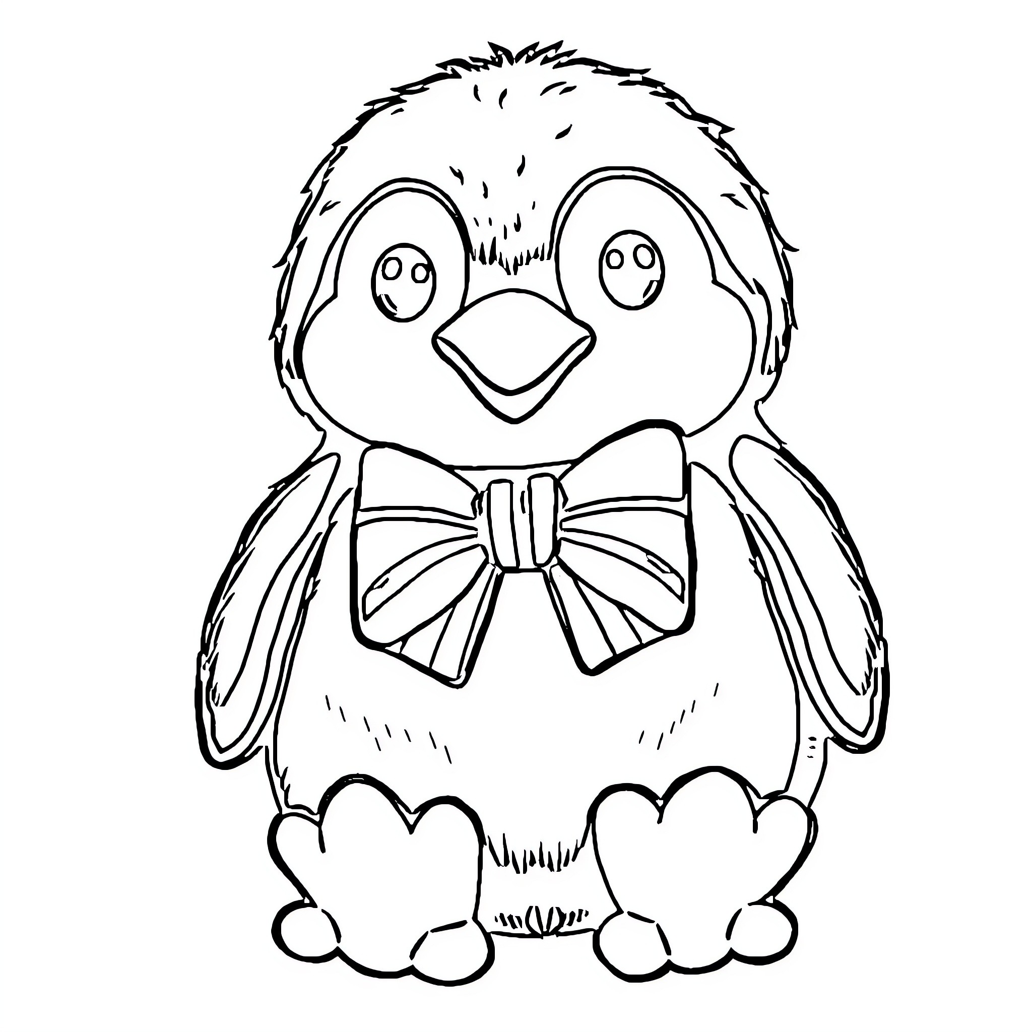 Penguin with a bowtie sitting cutely Coloring Page (free black-and-white line drawing printable PDF for all, from beginners to advanced learners, including children, teens, adults, and seniors)