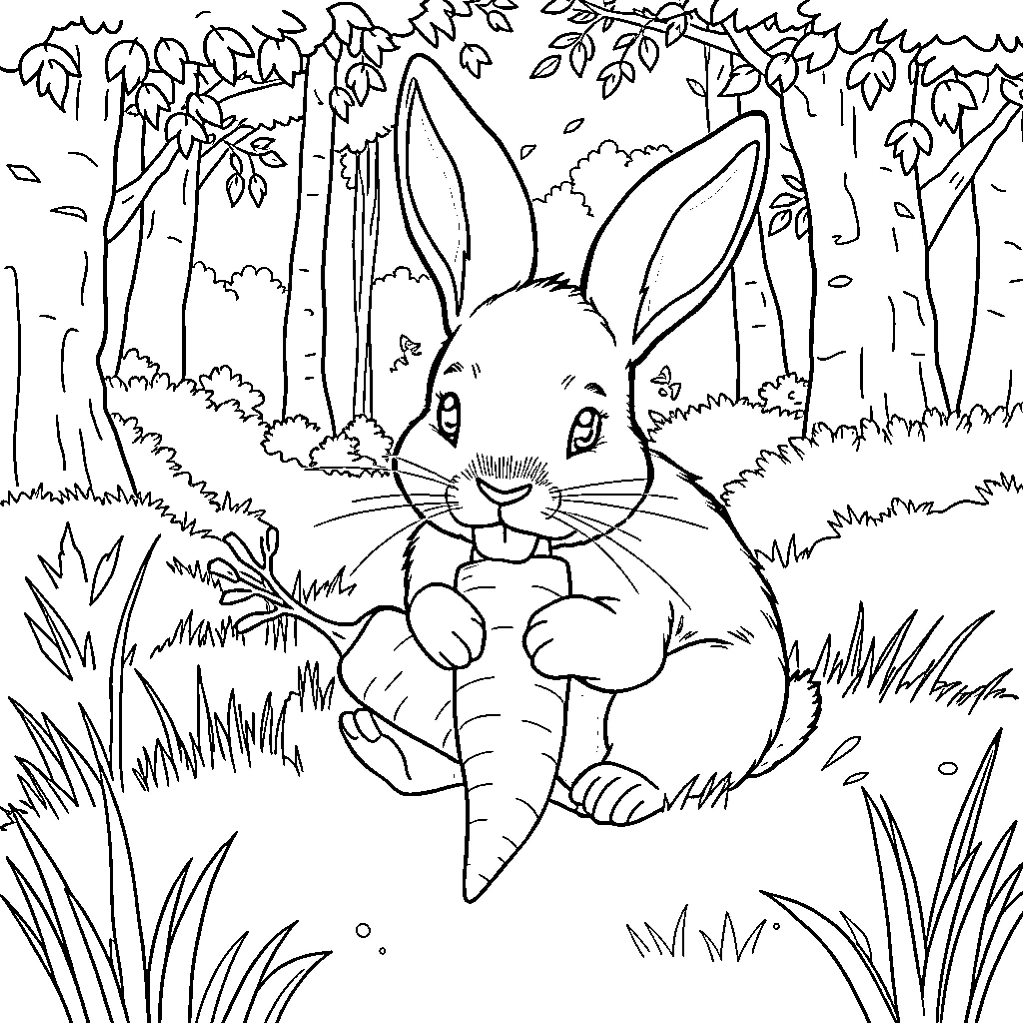 Rabbit resting in the forest Coloring Page (free black-and-white line drawing printable PDF for all, from beginners to advanced learners, including children, teens, adults, and seniors)