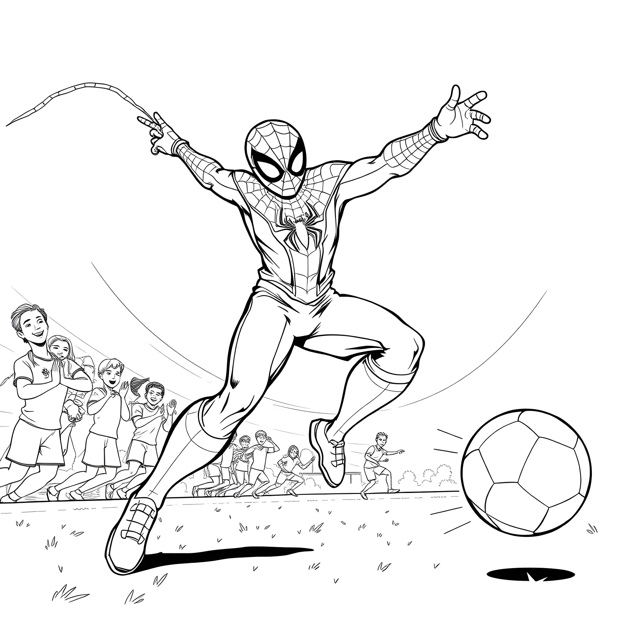 Spider-Man leaping and kicking a soccer ball on the field Coloring Page (free black-and-white line drawing printable PDF for all, from beginners to advanced learners, including children, teens, adults, and seniors)