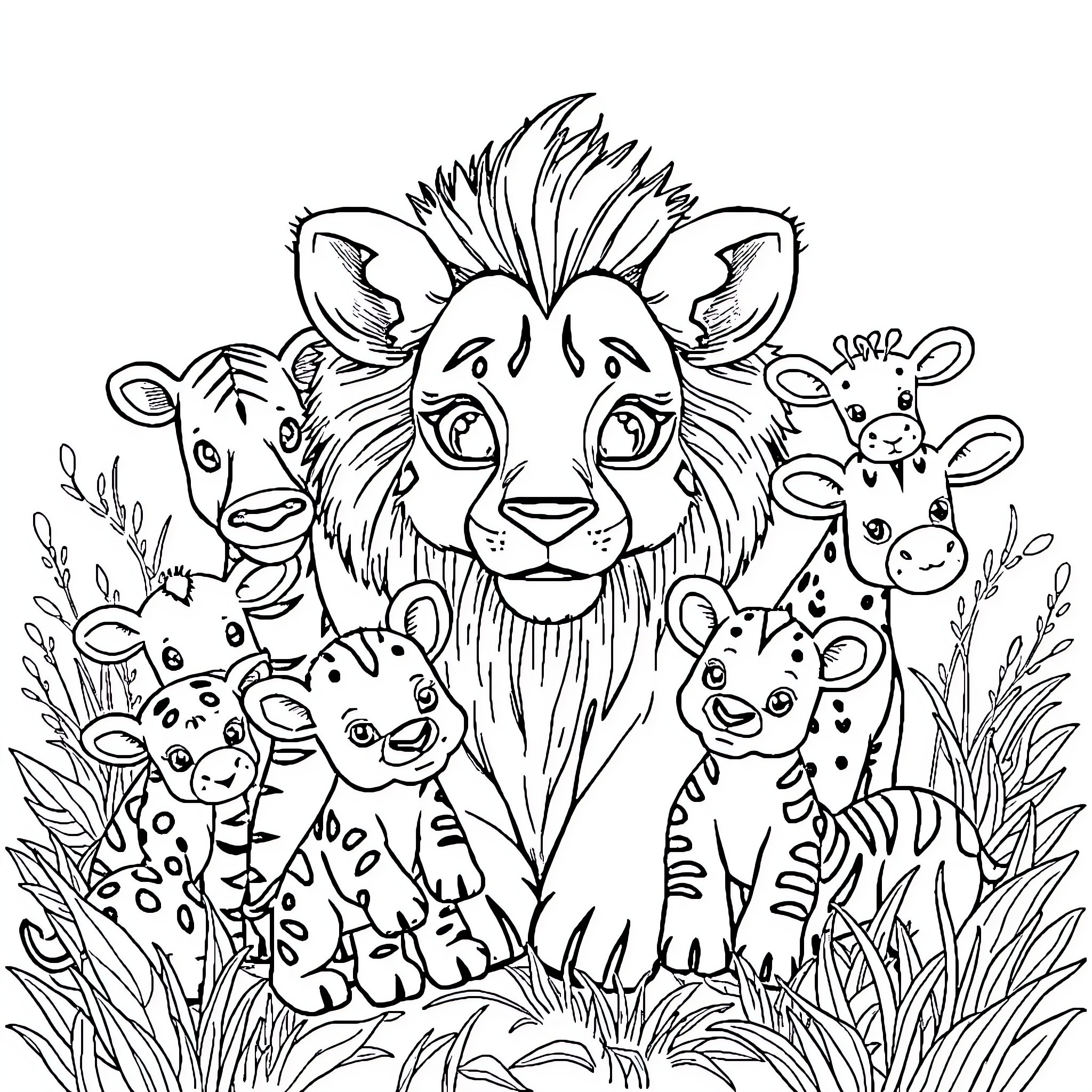 Safari Animal Family Enjoying the Outdoors Coloring Page (free black-and-white line drawing printable PDF for all, from beginners to advanced learners, including children, teens, adults, and seniors)
