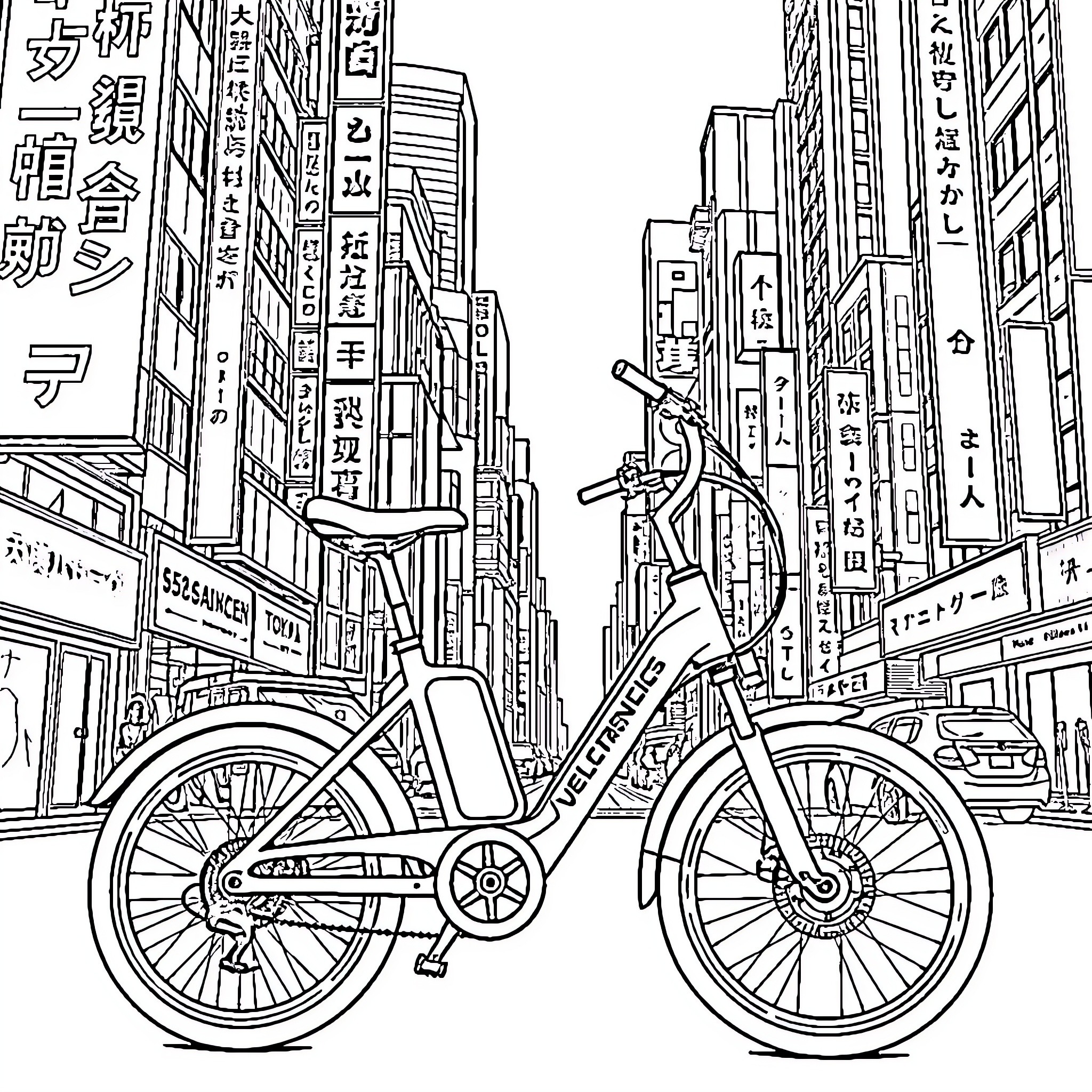 Electric Bike in a Vibrant City Scene Coloring Page (free black-and-white line drawing printable PDF for all, from beginners to advanced learners, including children, teens, adults, and seniors)