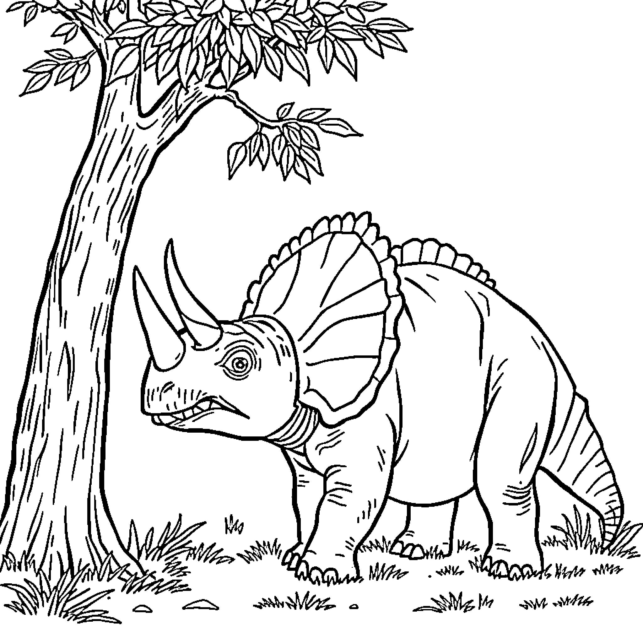 Triceratops exploring the lush forest landscape Coloring Page (free black-and-white line drawing printable PDF for all, from beginners to advanced learners, including children, teens, adults, and seniors)