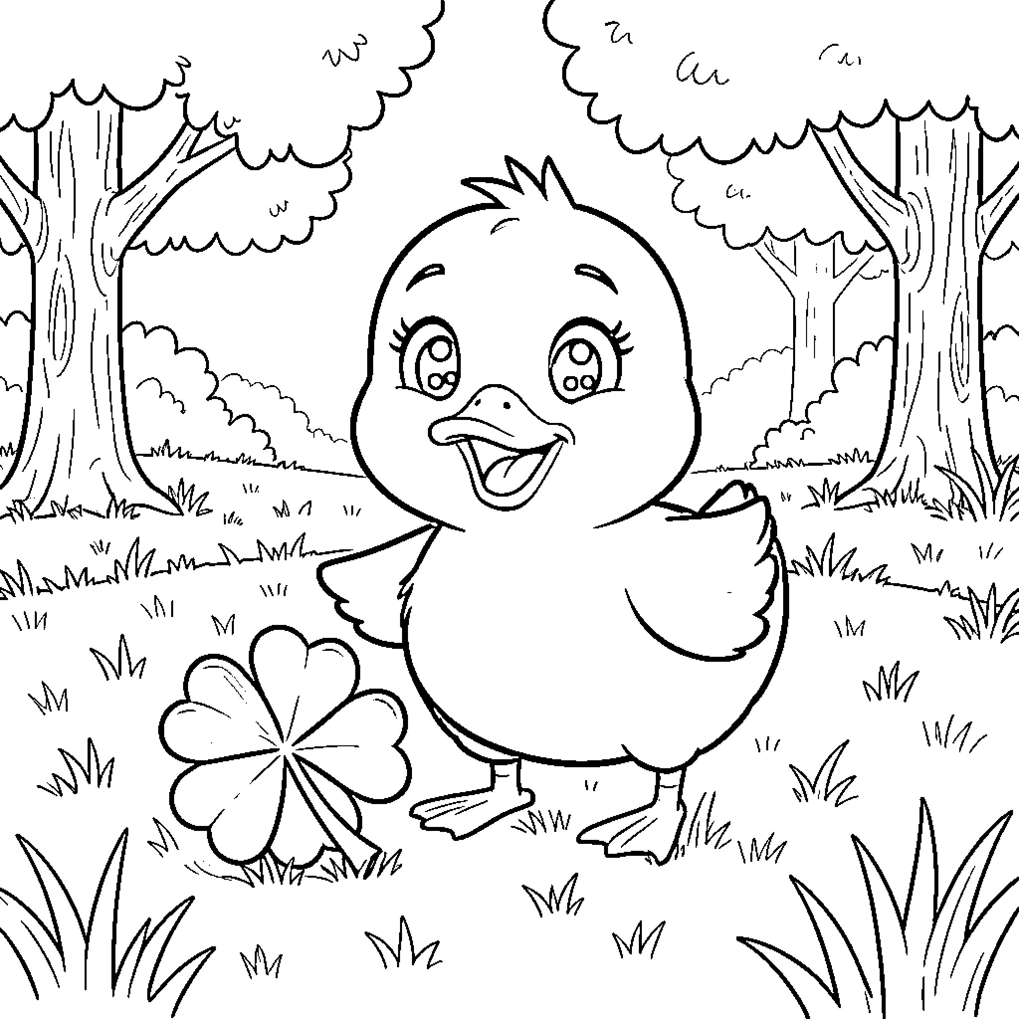 Patito exploring the enchanting forest Coloring Page (free black-and-white line drawing printable PDF for all, from beginners to advanced learners, including children, teens, adults, and seniors)