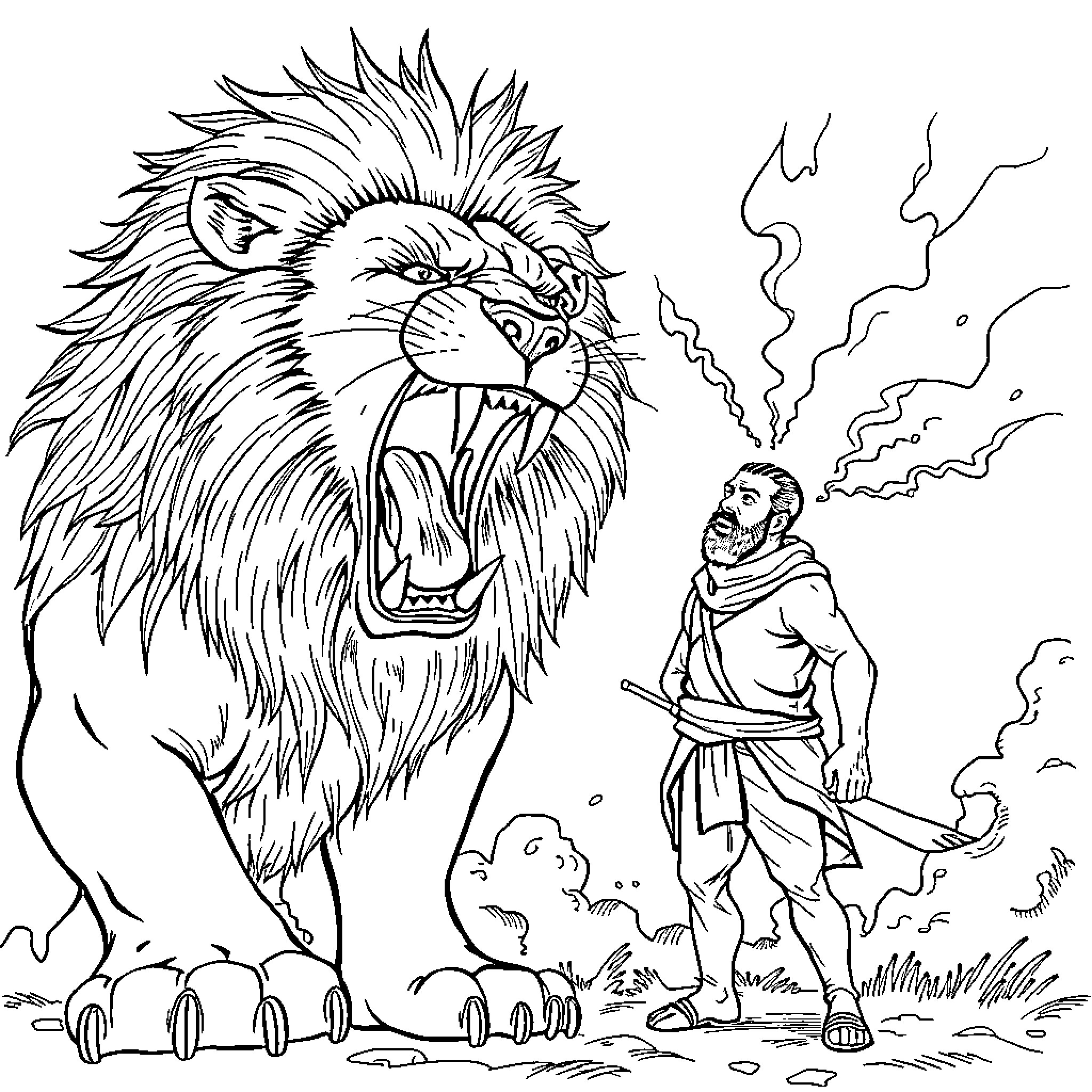 Lion roaring as man stands near Coloring Page (free black-and-white line drawing printable PDF for all, from beginners to advanced learners, including children, teens, adults, and seniors)
