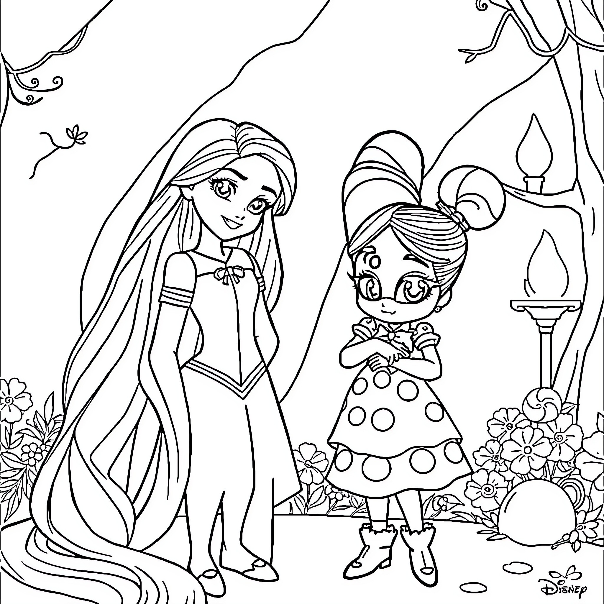 Rapunzel and her friends exploring the enchanted garden Coloring Page (free black-and-white line drawing printable PDF for all, from beginners to advanced learners, including children, teens, adults, and seniors)