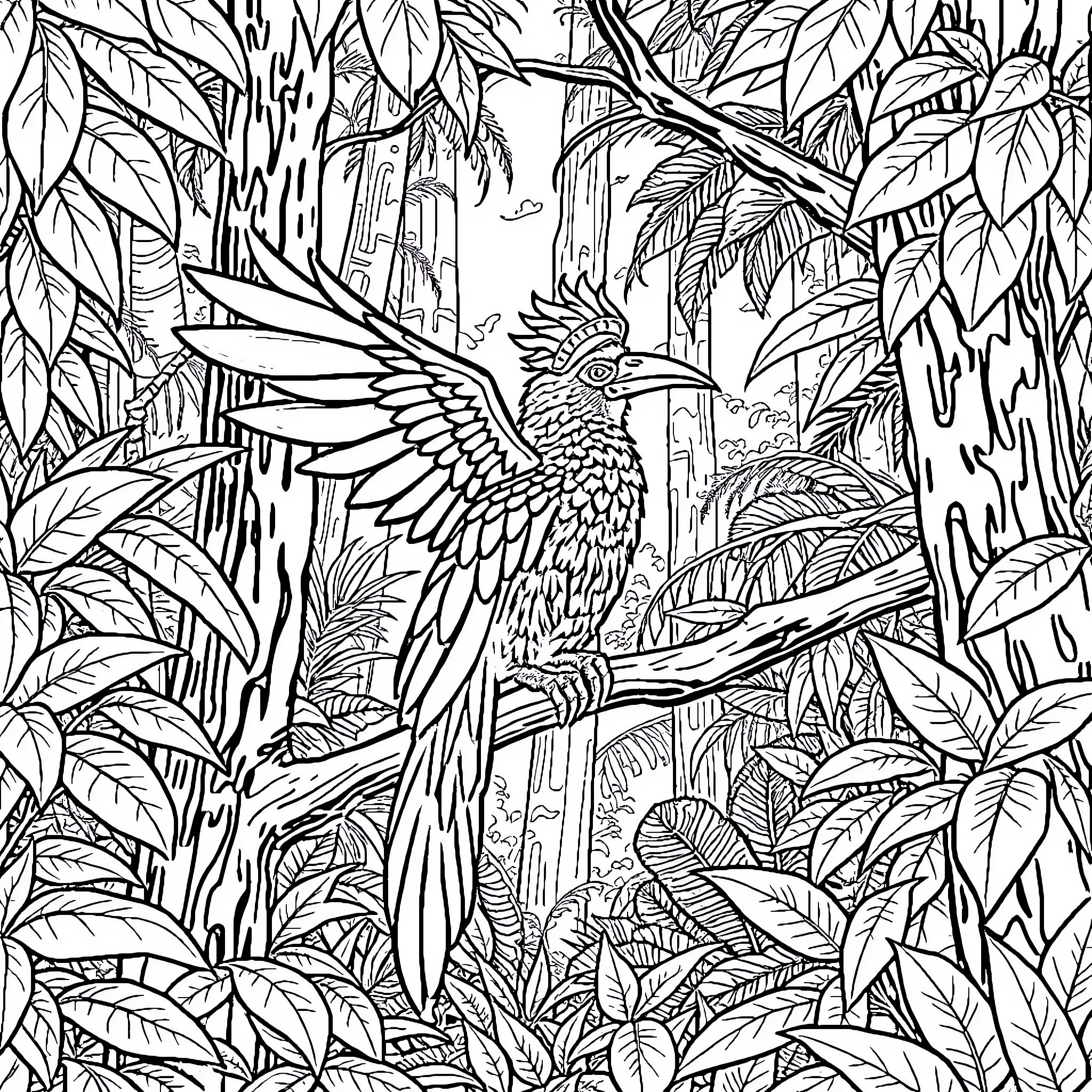 Kinkajou exploring the lush tropical forest Coloring Page (free black-and-white line drawing printable PDF for all, from beginners to advanced learners, including children, teens, adults, and seniors)