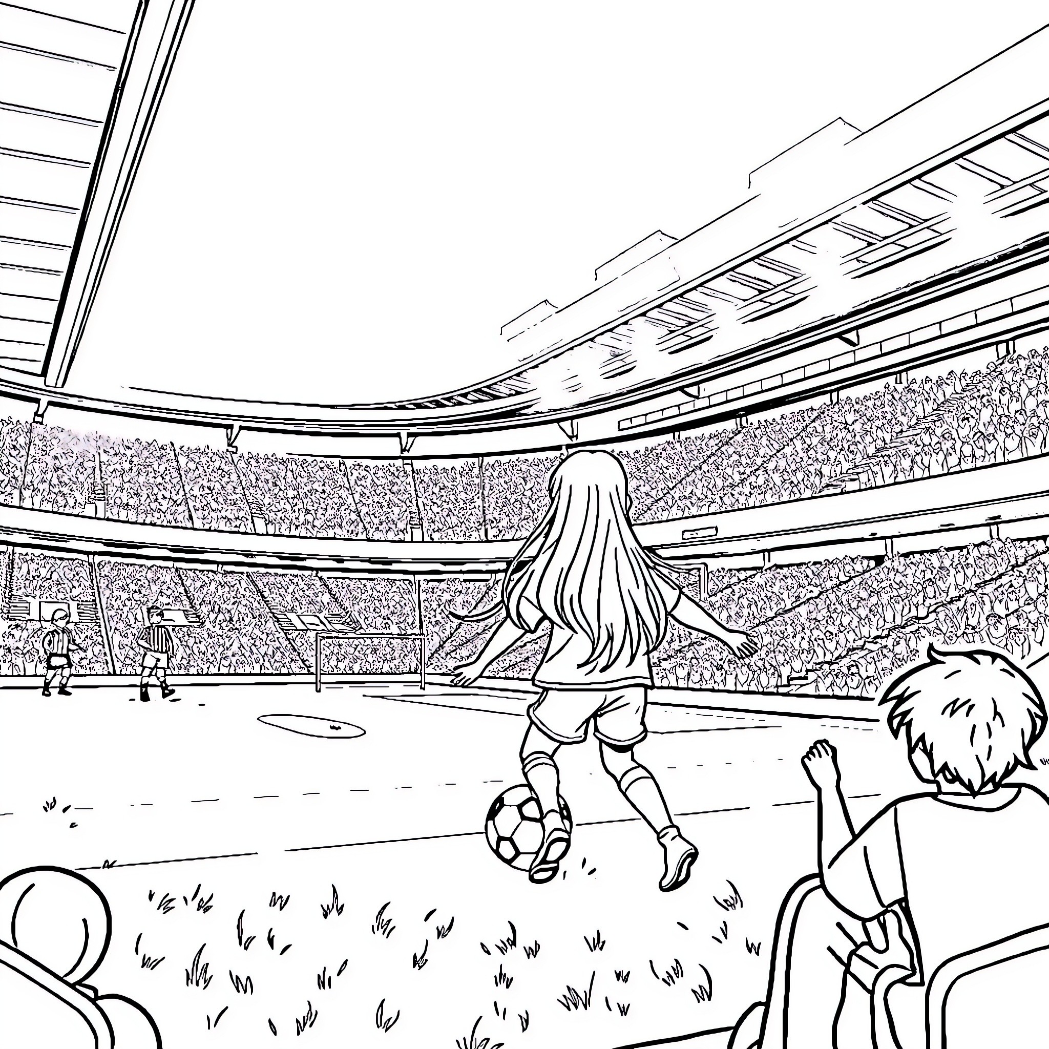 Football players in an intense stadium game Coloring Page (free black-and-white line drawing printable PDF for all, from beginners to advanced learners, including children, teens, adults, and seniors)