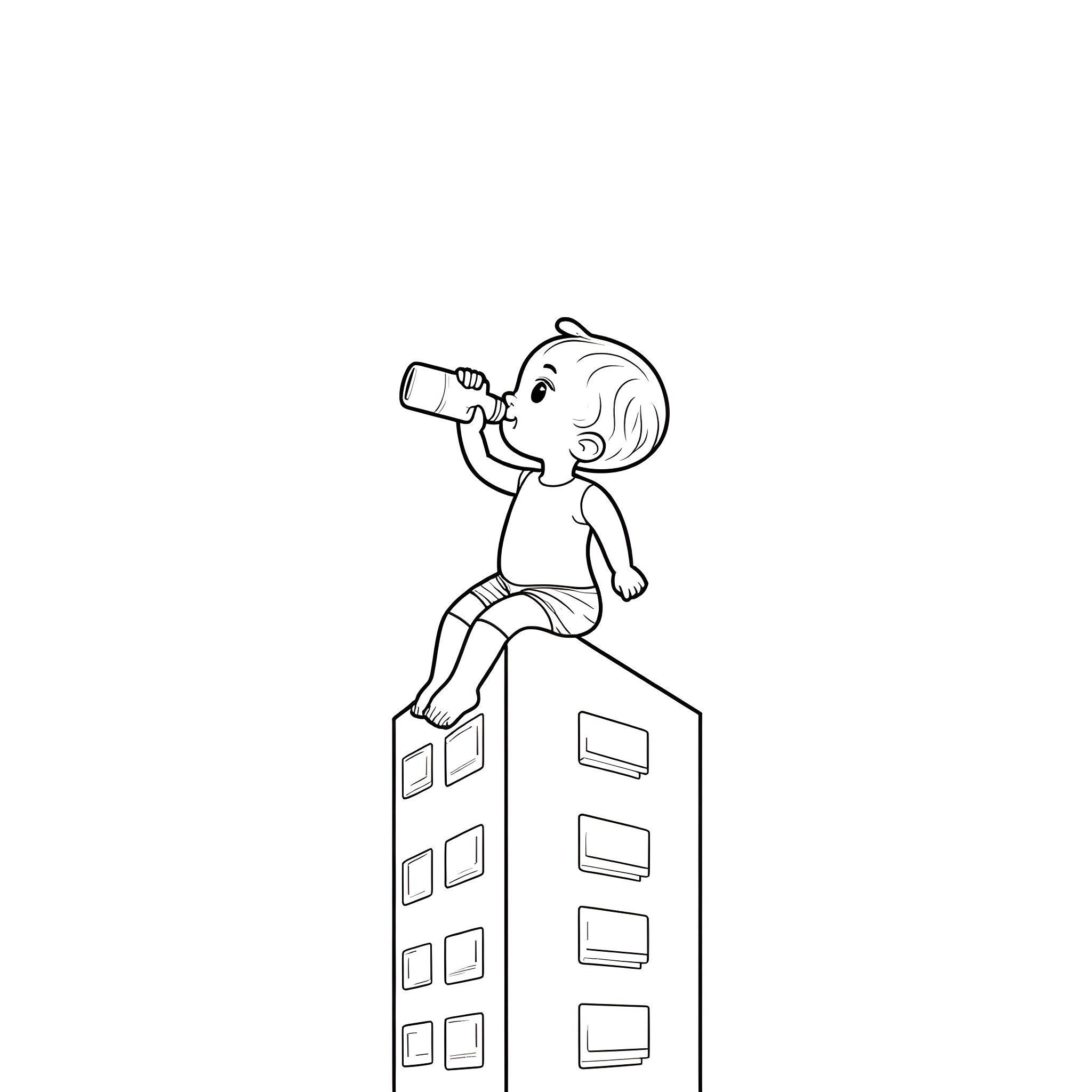 Baby drinking from bottle on top of building Coloring Page (free black-and-white line drawing printable PDF for all, from beginners to advanced learners, including children, teens, adults, and seniors)