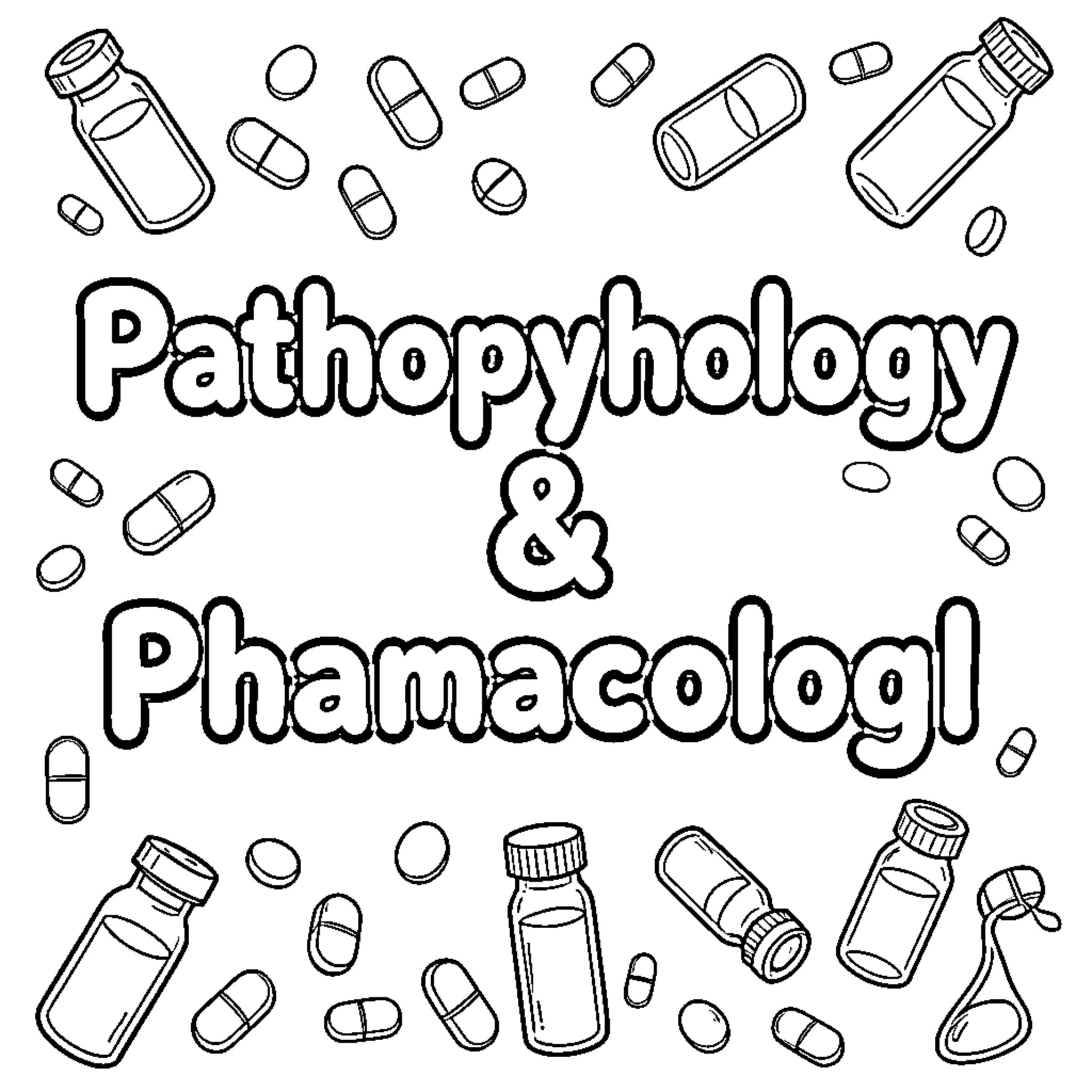 Pharmacology and pathology themed illustrations with medicinal bottles and pills Coloring Page (free black-and-white line drawing printable PDF for all, from beginners to advanced learners, including children, teens, adults, and seniors)