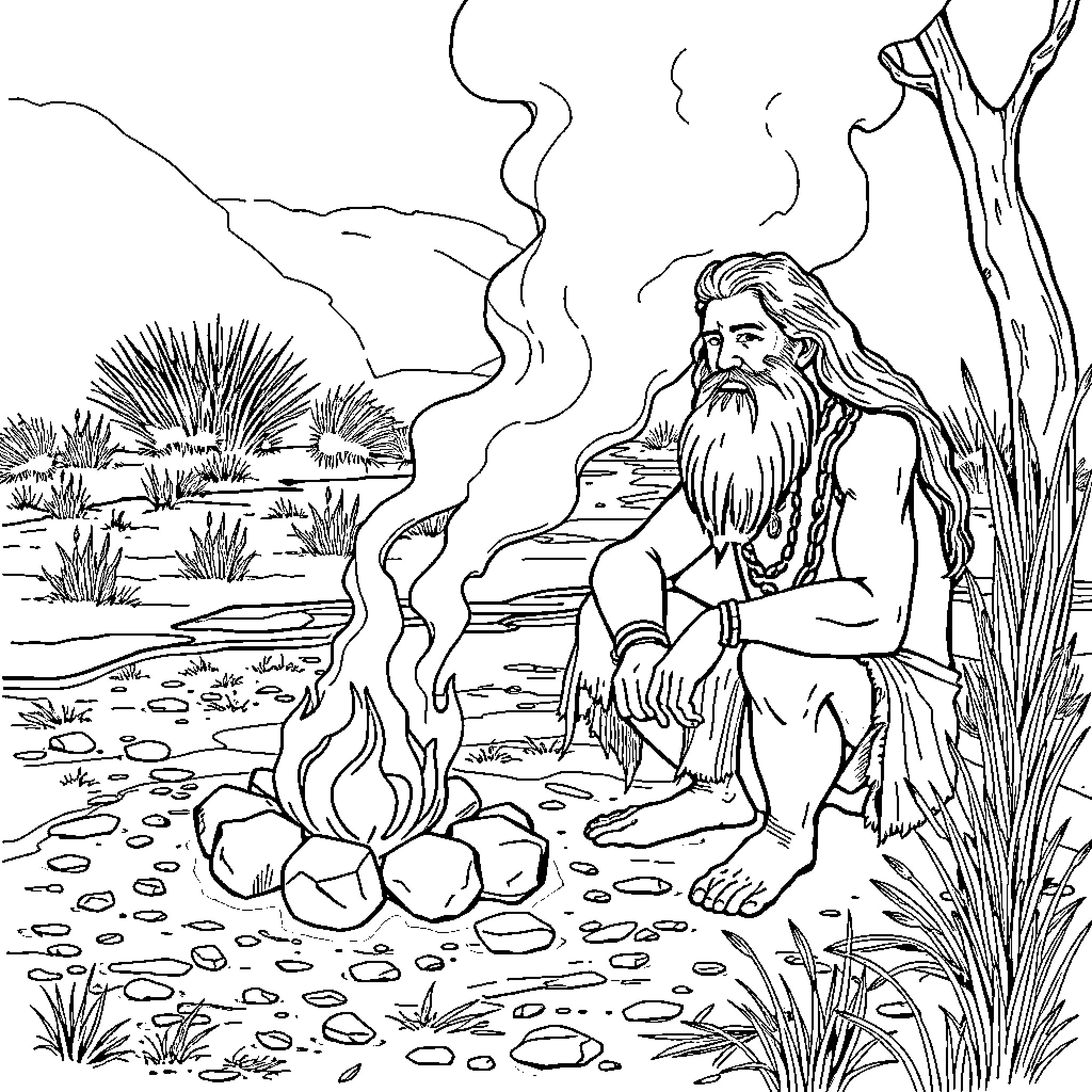 Aboriginal Man Sitting by a Campfire in the Desert Coloring Page (free black-and-white line drawing printable PDF for all, from beginners to advanced learners, including children, teens, adults, and seniors)
