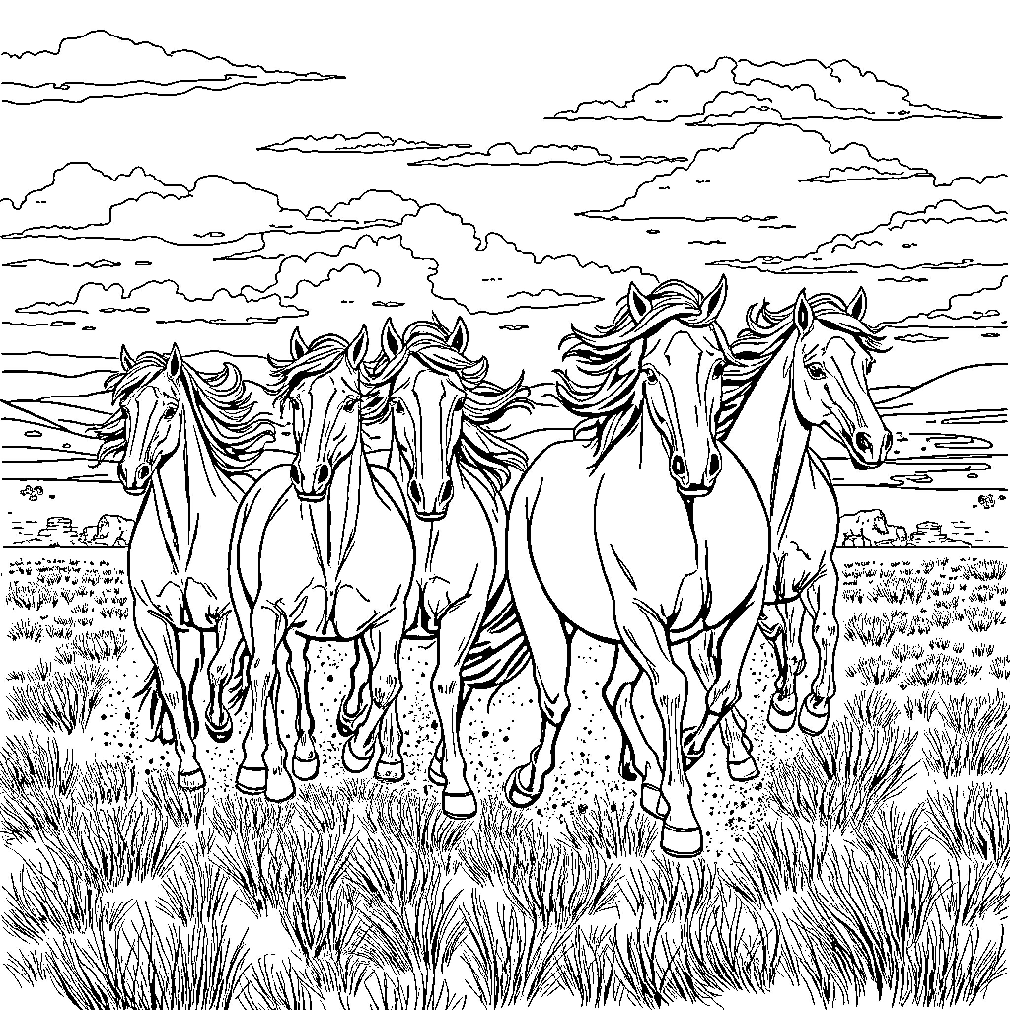 Horse Herd Running Free in the Countryside Coloring Page (free black-and-white line drawing printable PDF for all, from beginners to advanced learners, including children, teens, adults, and seniors)