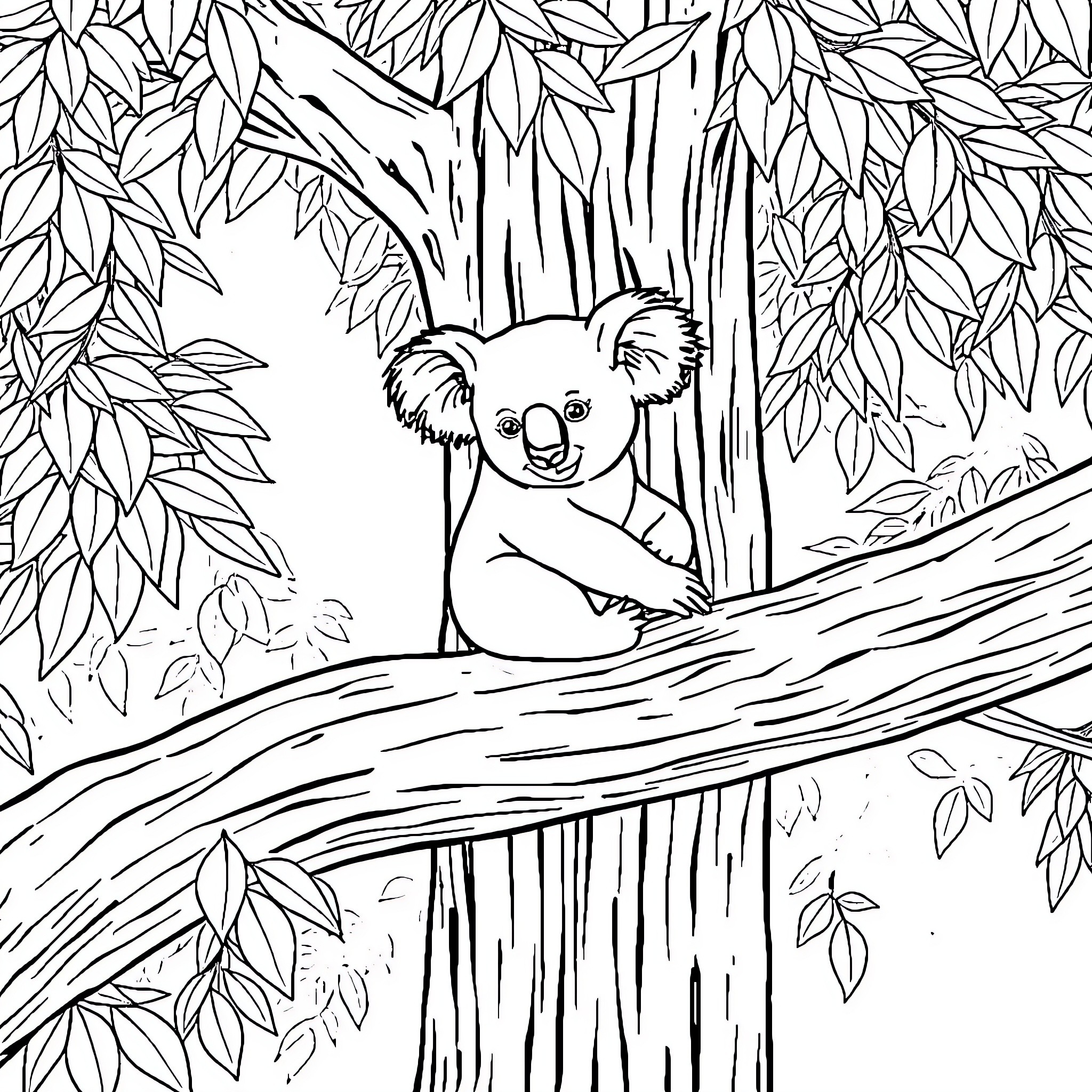 Koala relaxing on a tree branch Coloring Page (free black-and-white line drawing printable PDF for all, from beginners to advanced learners, including children, teens, adults, and seniors)