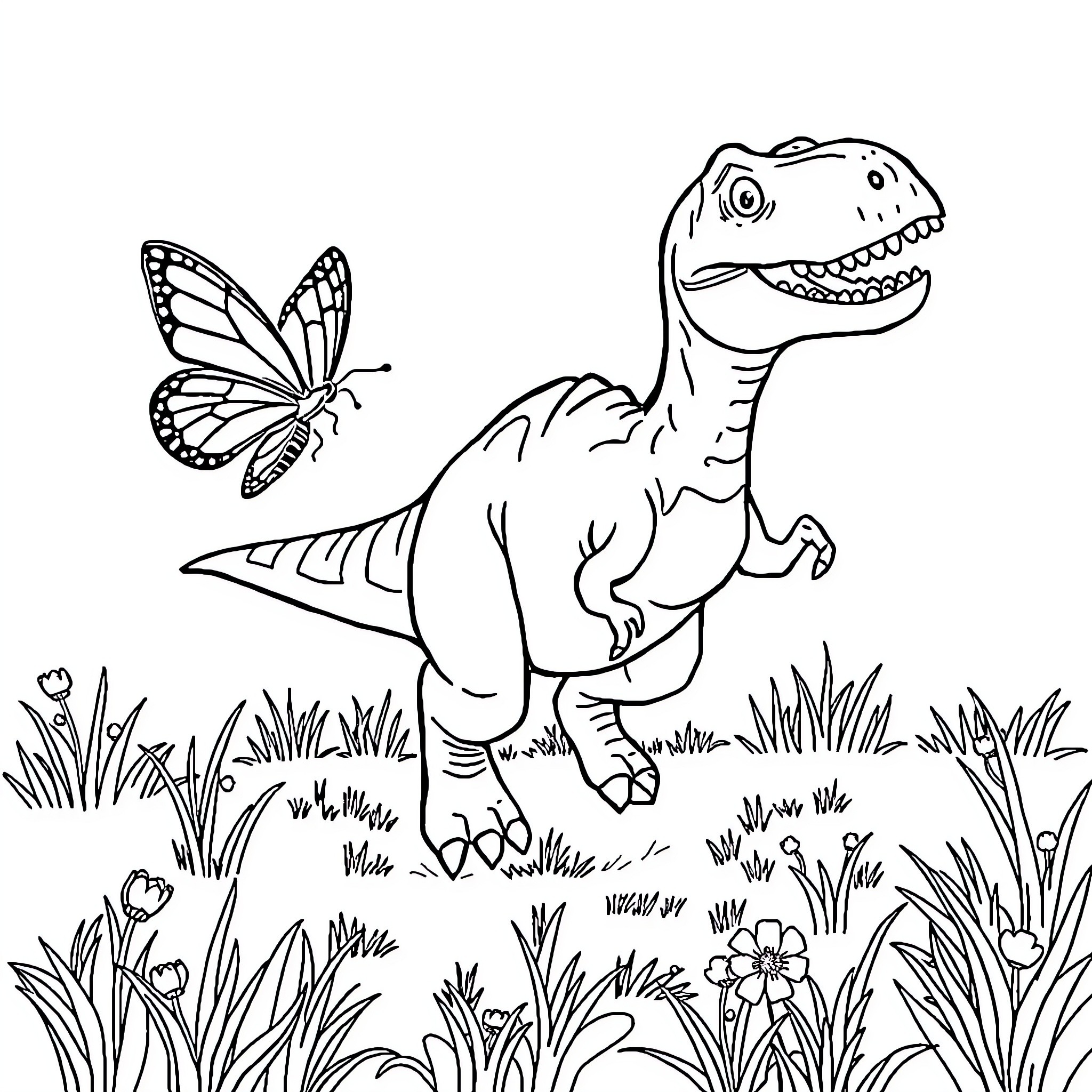 Dinosaur playfully chasing butterfly in grassy meadow Coloring Page (free black-and-white line drawing printable PDF for all, from beginners to advanced learners, including children, teens, adults, and seniors)