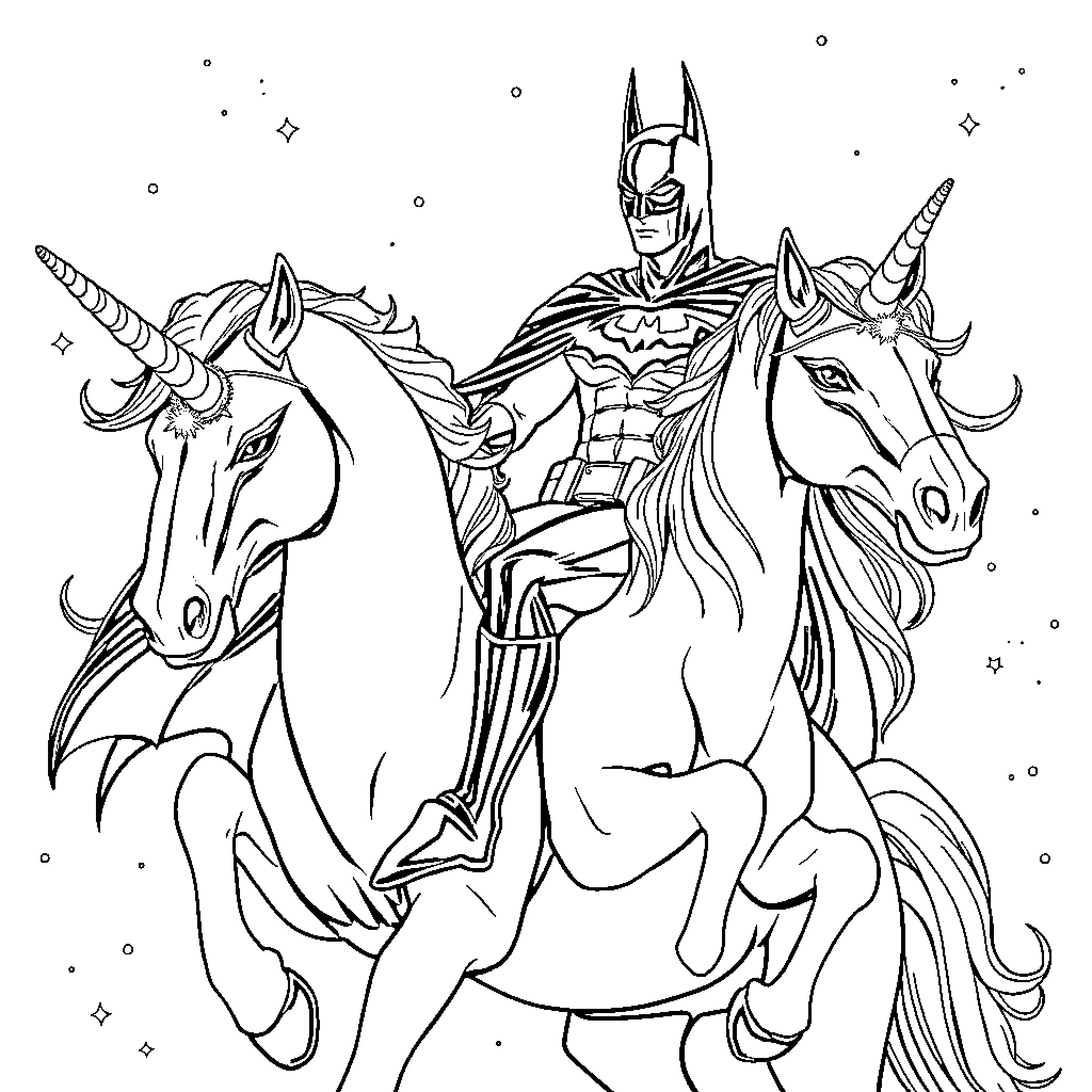 Batman rides unicorns in a fantastical scene Coloring Page (free black-and-white line drawing printable PDF for all, from beginners to advanced learners, including children, teens, adults, and seniors)
