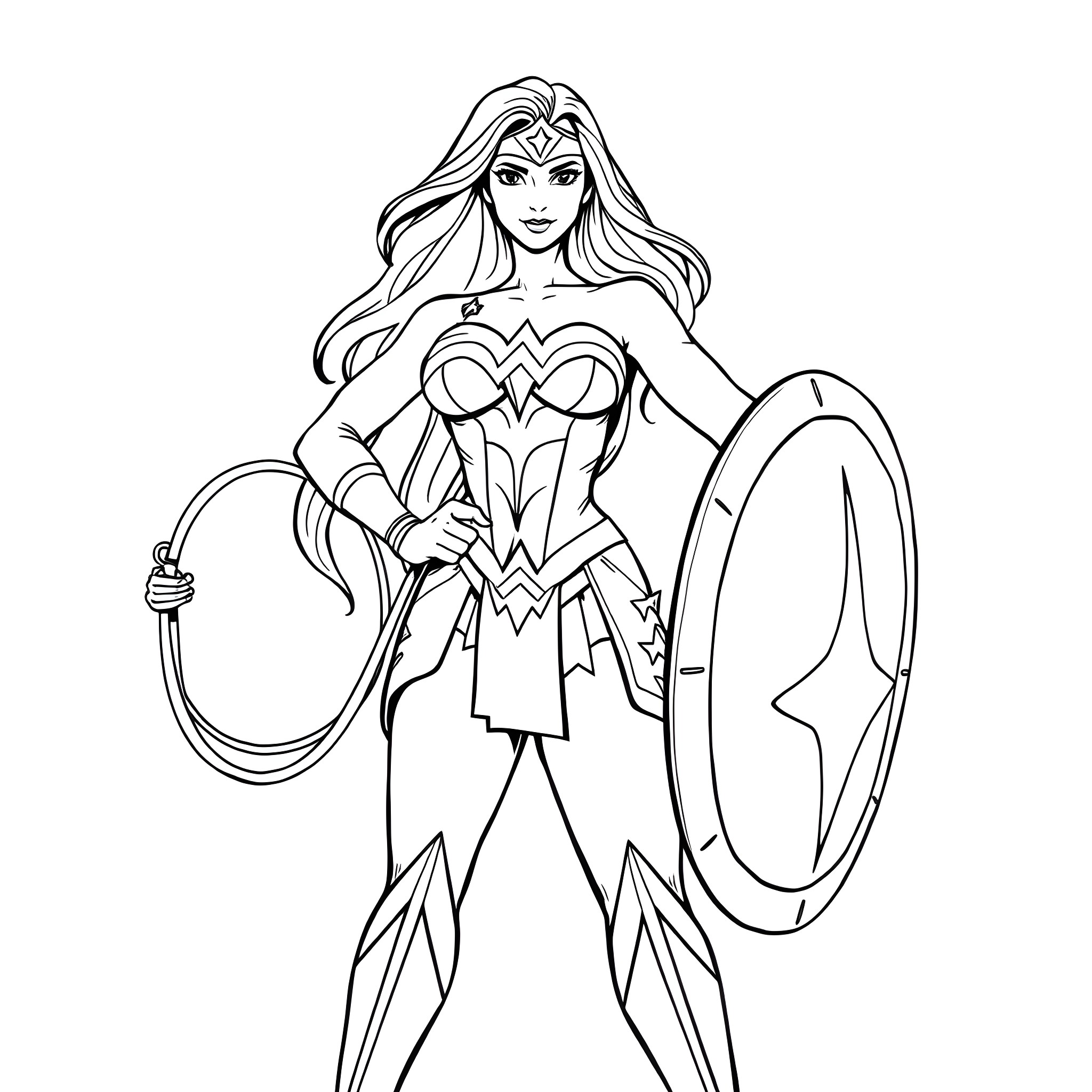 Stevie Griffin as Wonder Woman in heroic pose Coloring Page (free black-and-white line drawing printable PDF for all, from beginners to advanced learners, including children, teens, adults, and seniors)