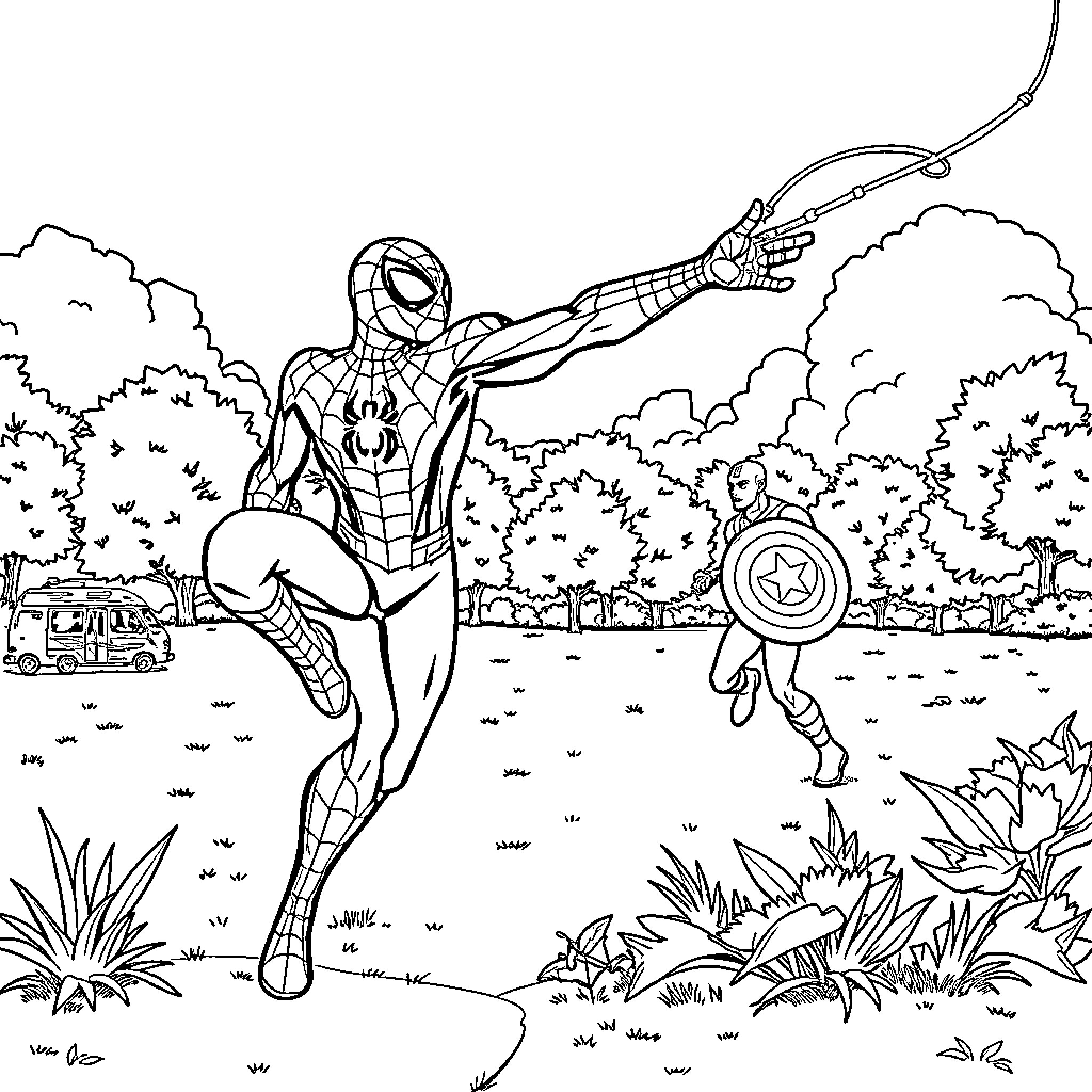 Spiderman swinging heroically through the city Coloring Page (free black-and-white line drawing printable PDF for all, from beginners to advanced learners, including children, teens, adults, and seniors)