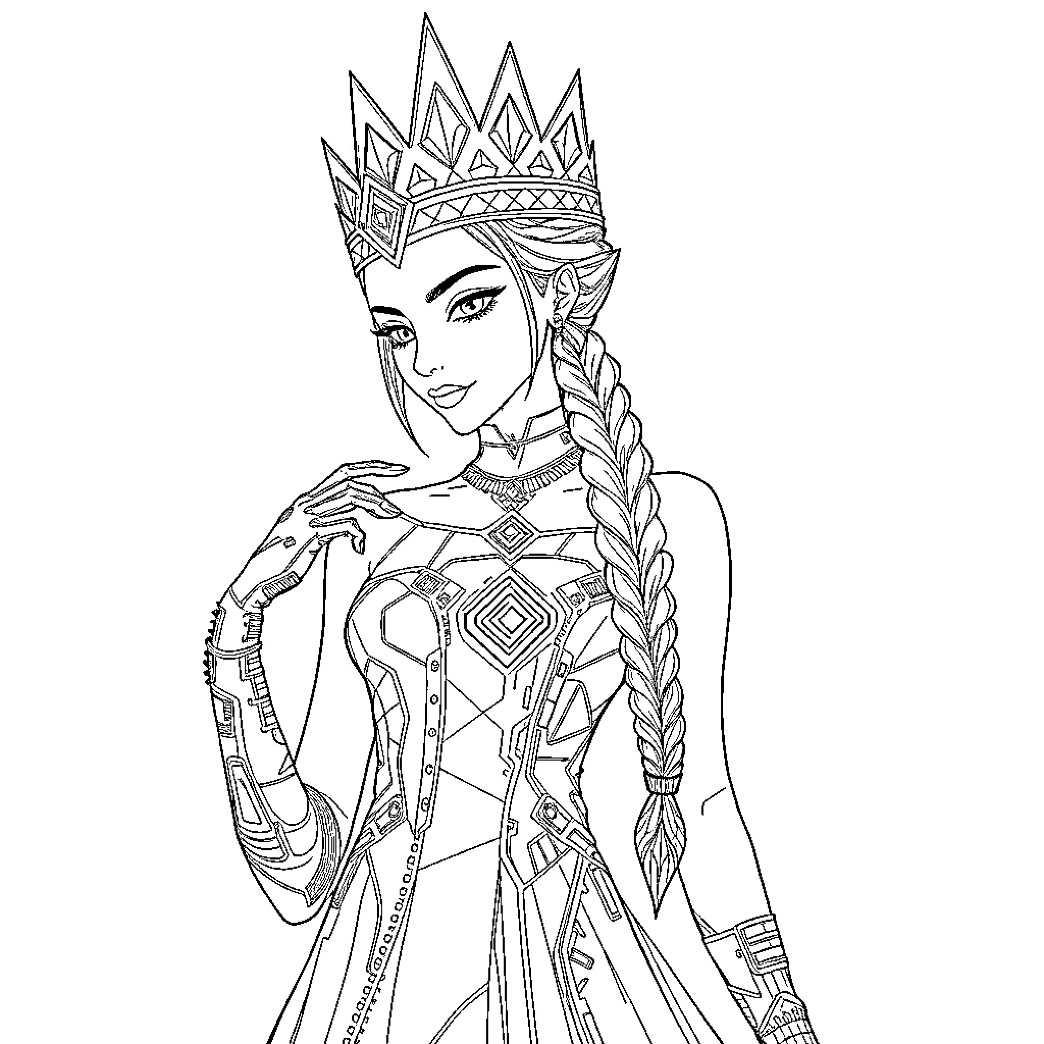 Fashion portrait of a regal fantasy character Coloring Page (free black-and-white line drawing printable PDF for all, from beginners to advanced learners, including children, teens, adults, and seniors)