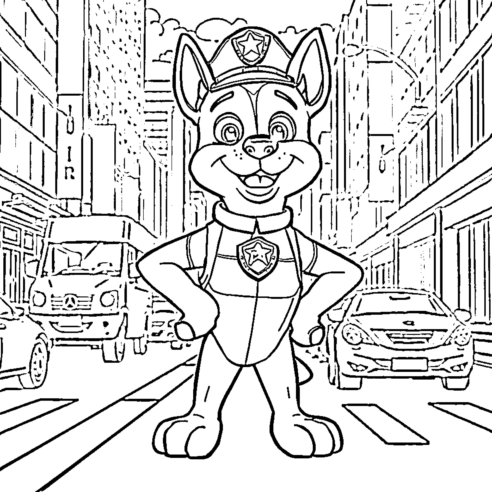 Dog Man on patrol in the city streets Coloring Page (free black-and-white line drawing printable PDF for all, from beginners to advanced learners, including children, teens, adults, and seniors)
