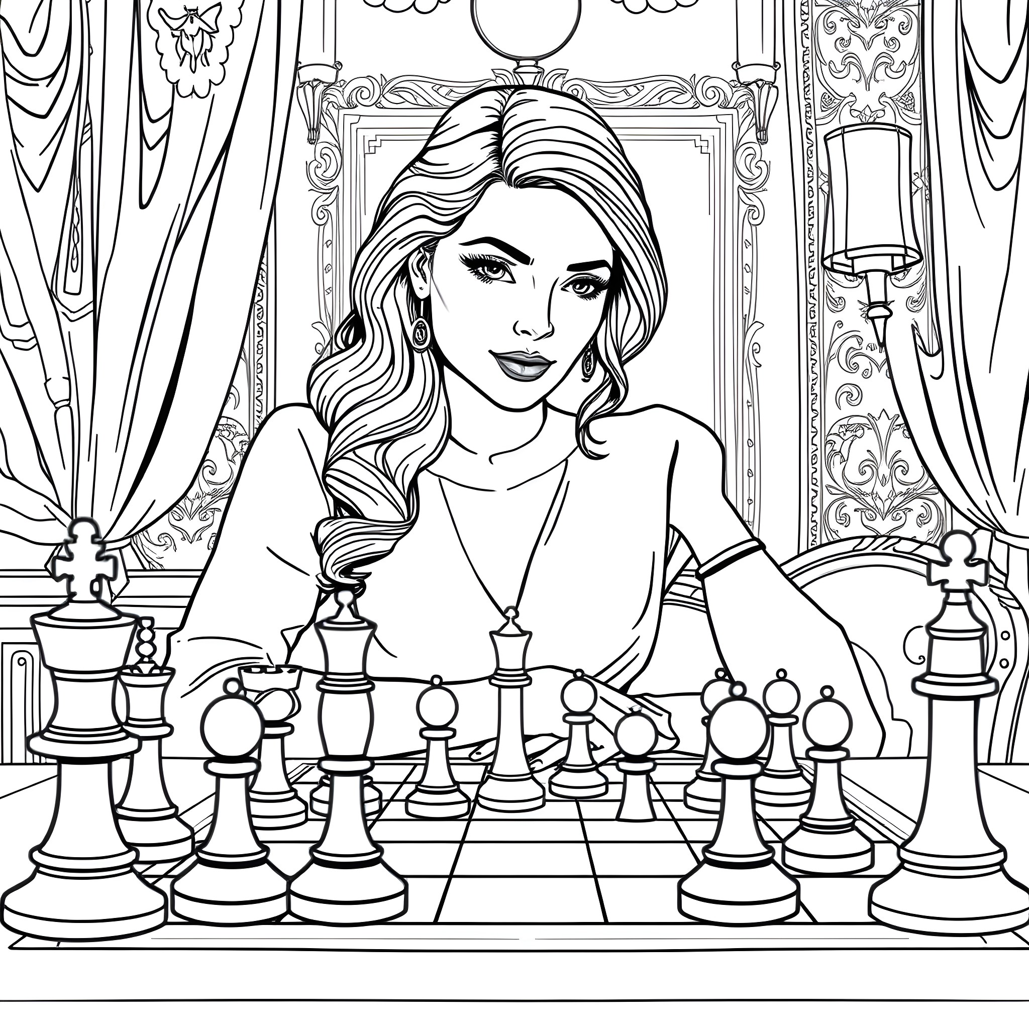 Woman playing chess in a grand parlor Coloring Page (free black-and-white line drawing printable PDF for all, from beginners to advanced learners, including children, teens, adults, and seniors)