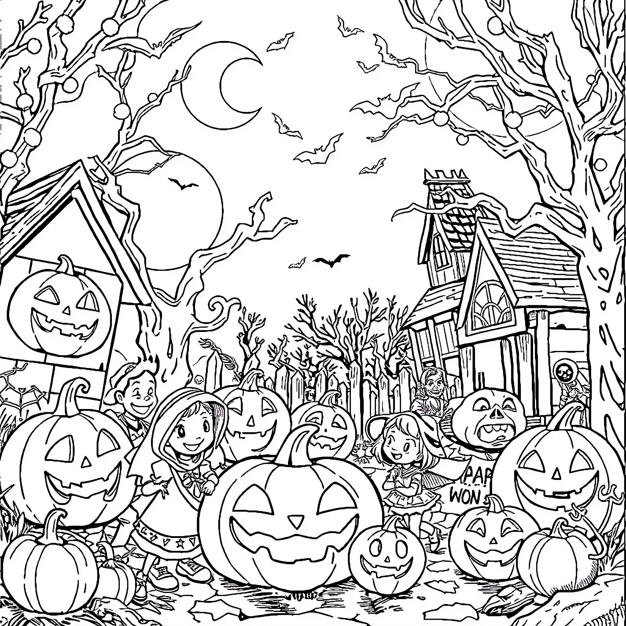 Halloween Celebration with Spooky Costumes and Decor Coloring Page (free black-and-white line drawing printable PDF for all, from beginners to advanced learners, including children, teens, adults, and seniors)