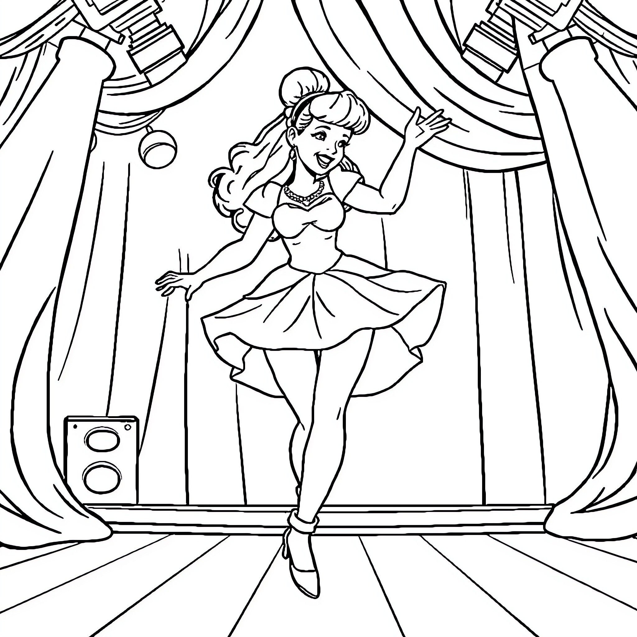 Cinderella performing on a grand stage Coloring Page (free black-and-white line drawing printable PDF for all, from beginners to advanced learners, including children, teens, adults, and seniors)